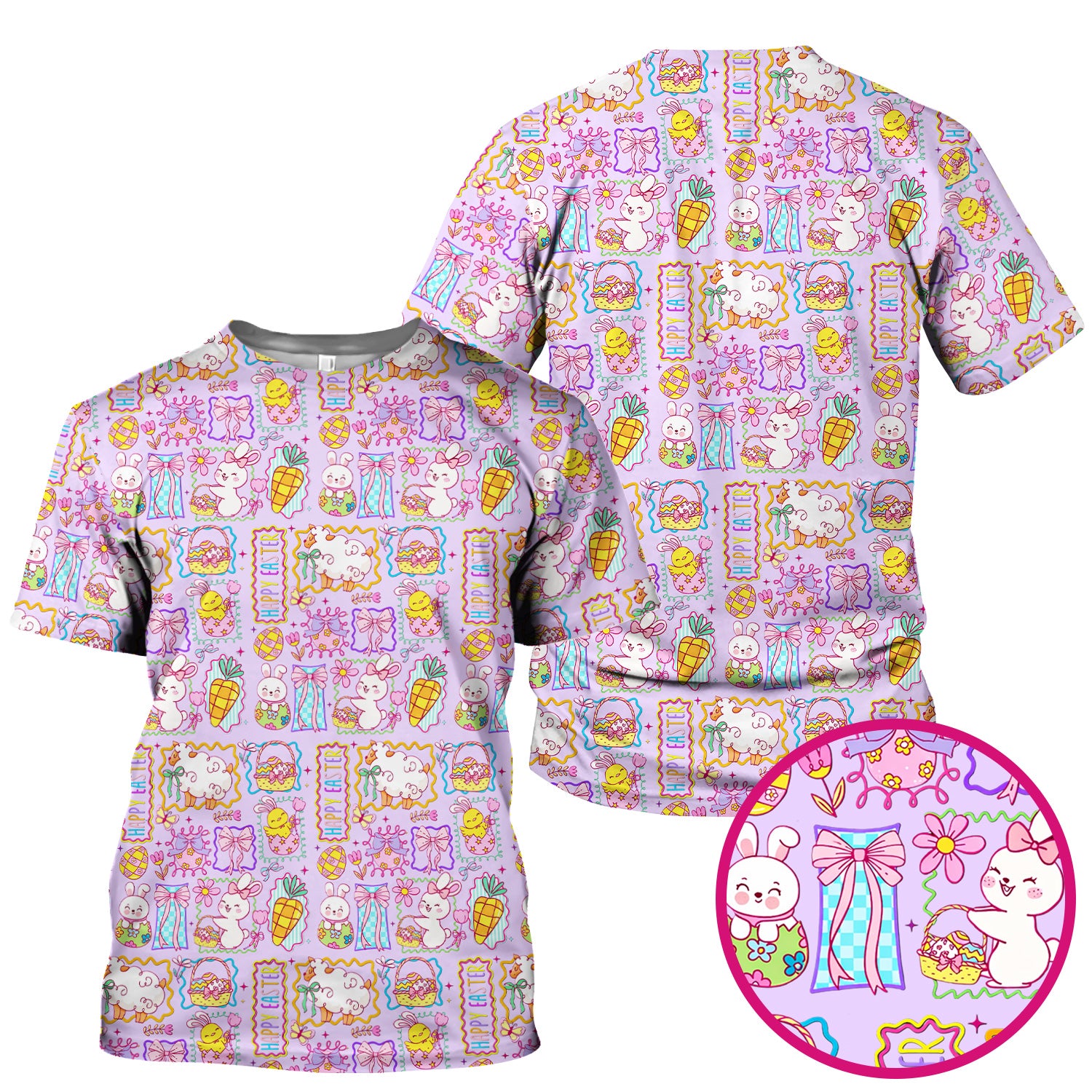 Cute Easter Bunny Egg and Bow Print Scrub Top, Breathable Fabrics Nursing Uniform