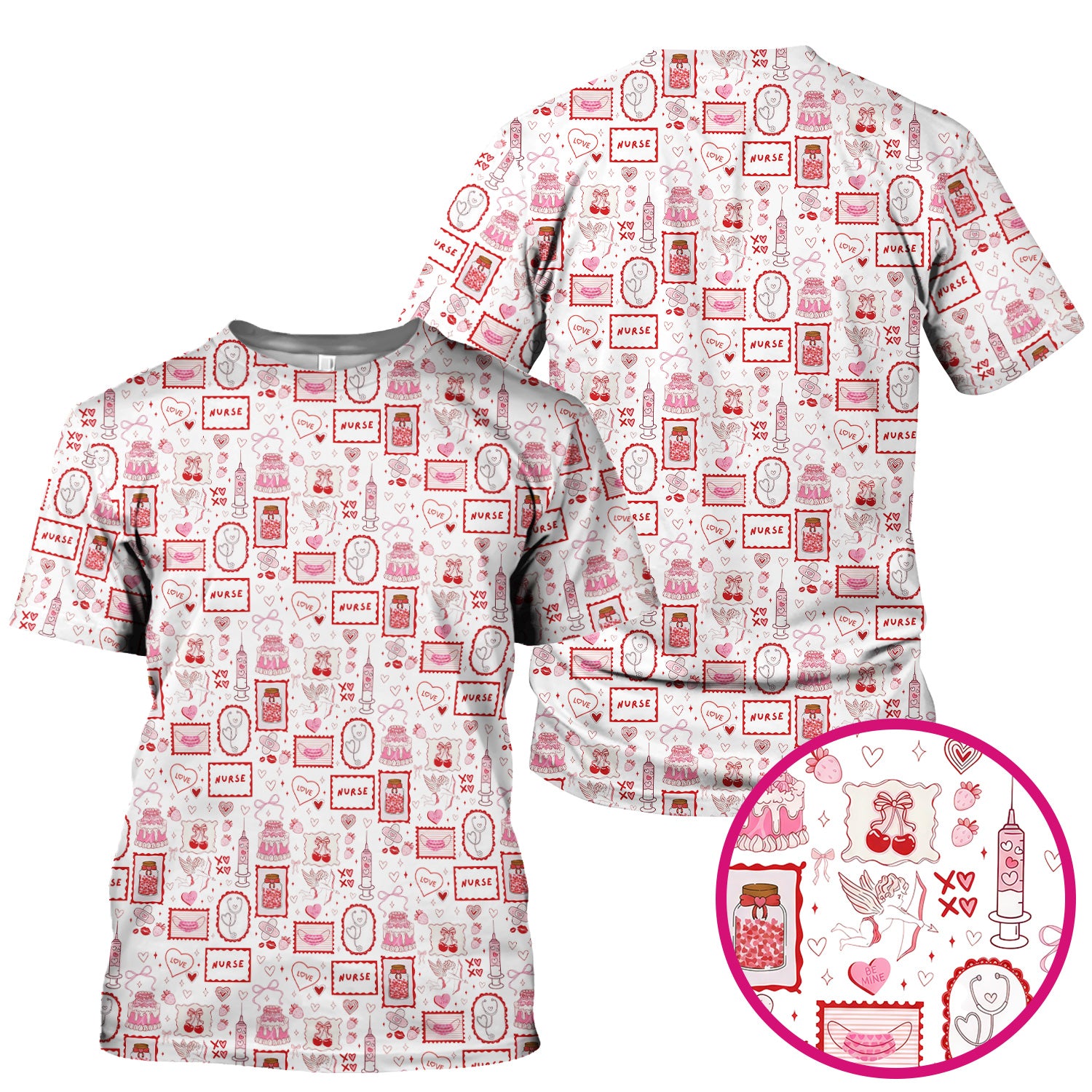 Nurse Icons Hearts Syringes Valentine Scrub Top, Breathable Nursing Uniform