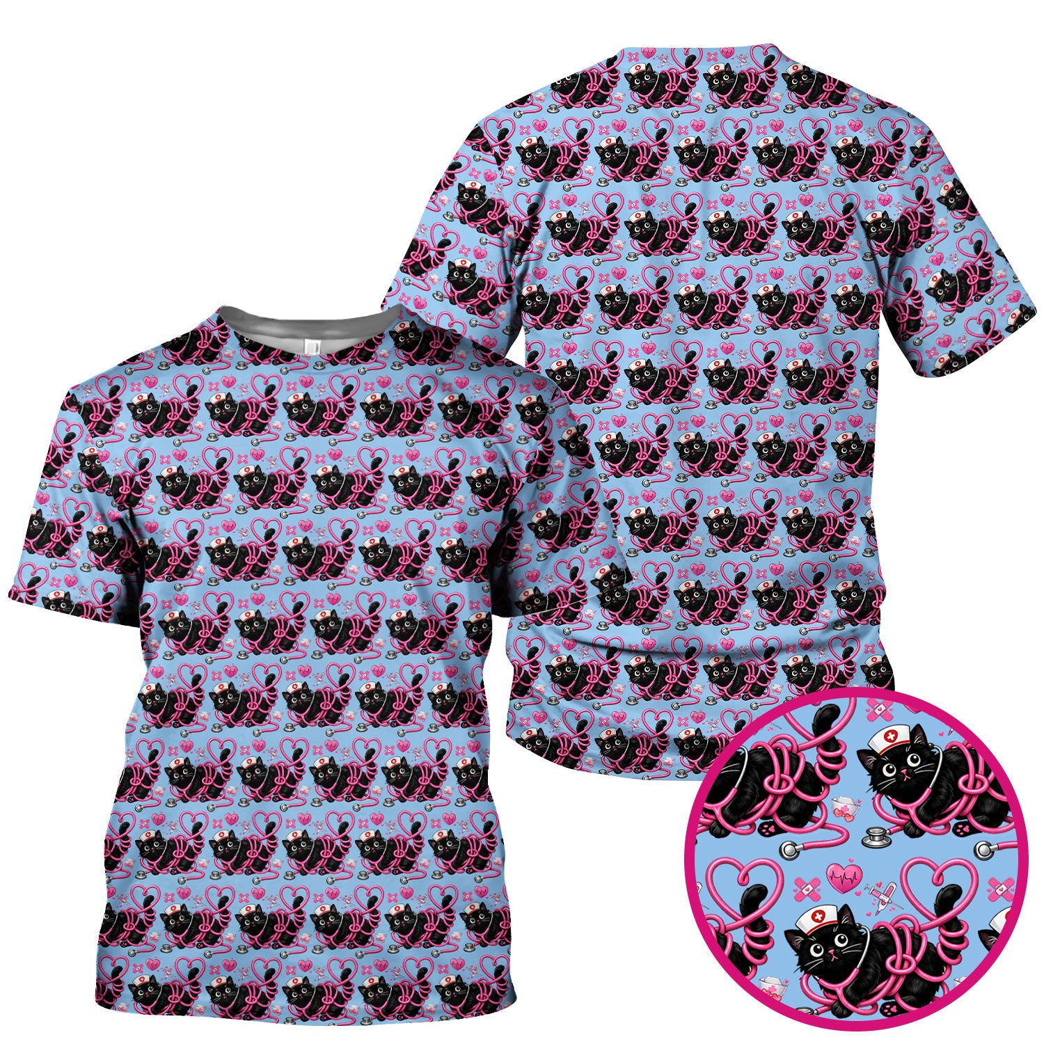 Valentine Cute Cat Nurse Heart Print Scrub Top, Comfortable Scrubs for Nurses
