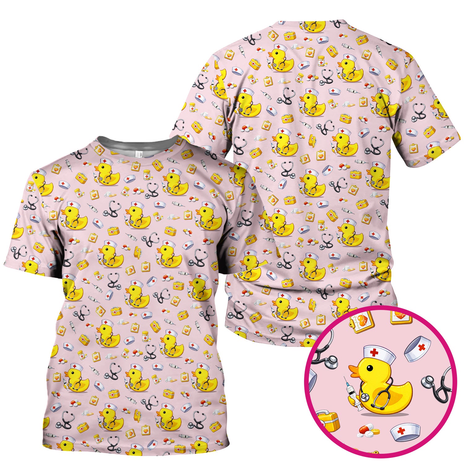 Playful Medical Duck Print Nurse Scrub Top, Comfortable Scrubs for Nurses