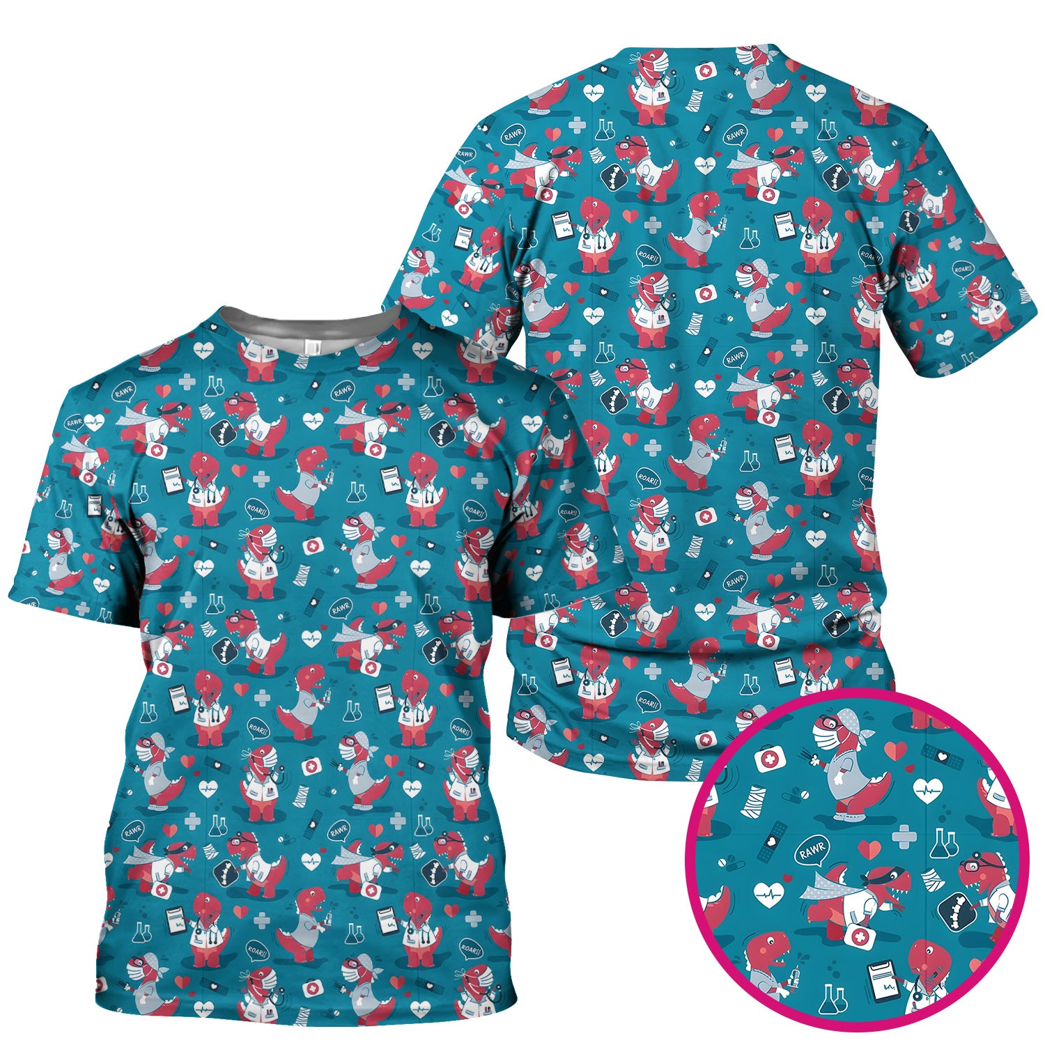 Cute Dinosaur Doctor Medical Pattern Scrub Top, Breathable Fabrics Nursing Uniform