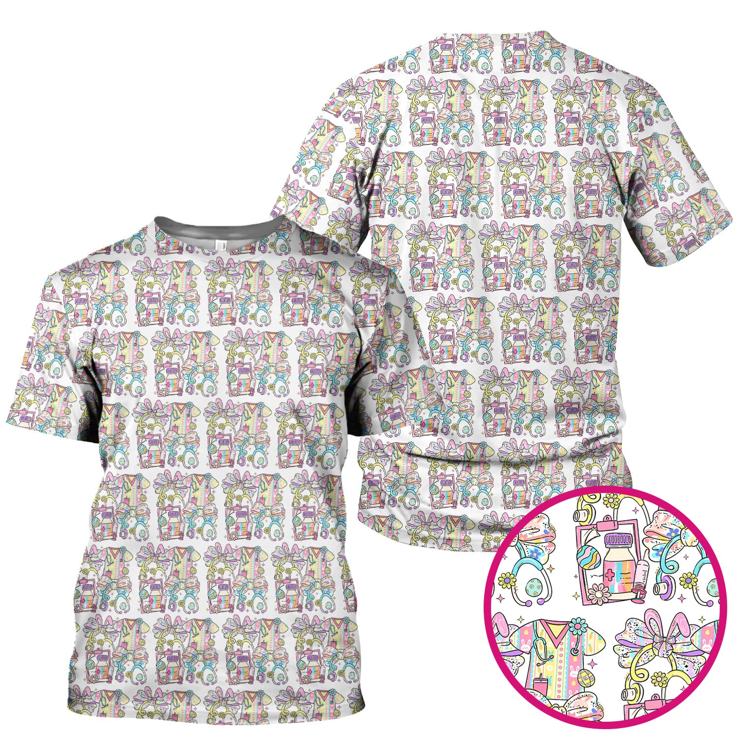 Colorful Nurse Scrub Supplies Pattern Scrub Top, Breathable Fabrics Nursing Uniform