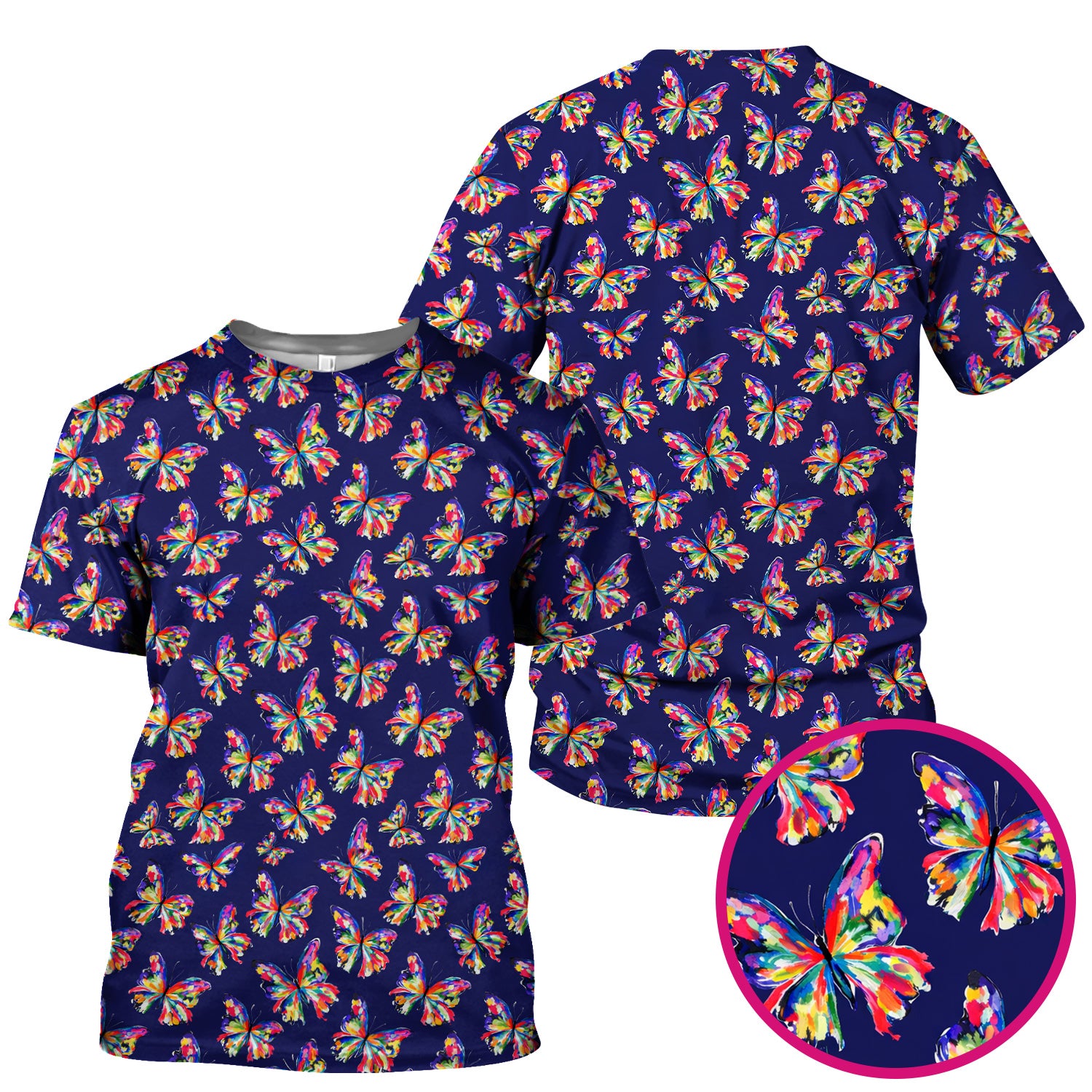 Vibrant Rainbow Butterfly Pattern Scrub Top, Comfortable Scrubs for Nurses
