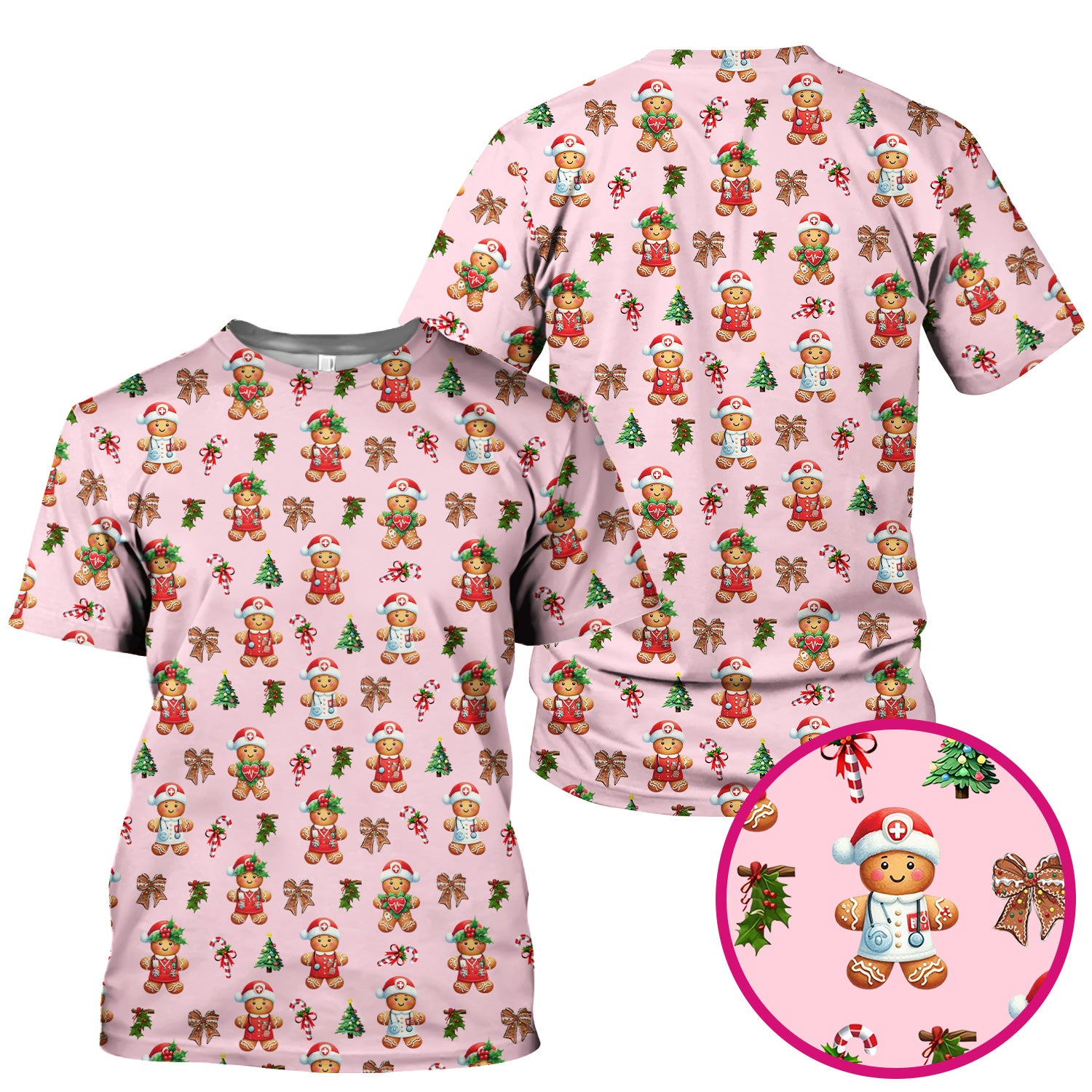 Funny Gingerbread Christmas Scrub Top - Cute Cookie with Bow Shirt - Festive Holiday Scrubs for Women