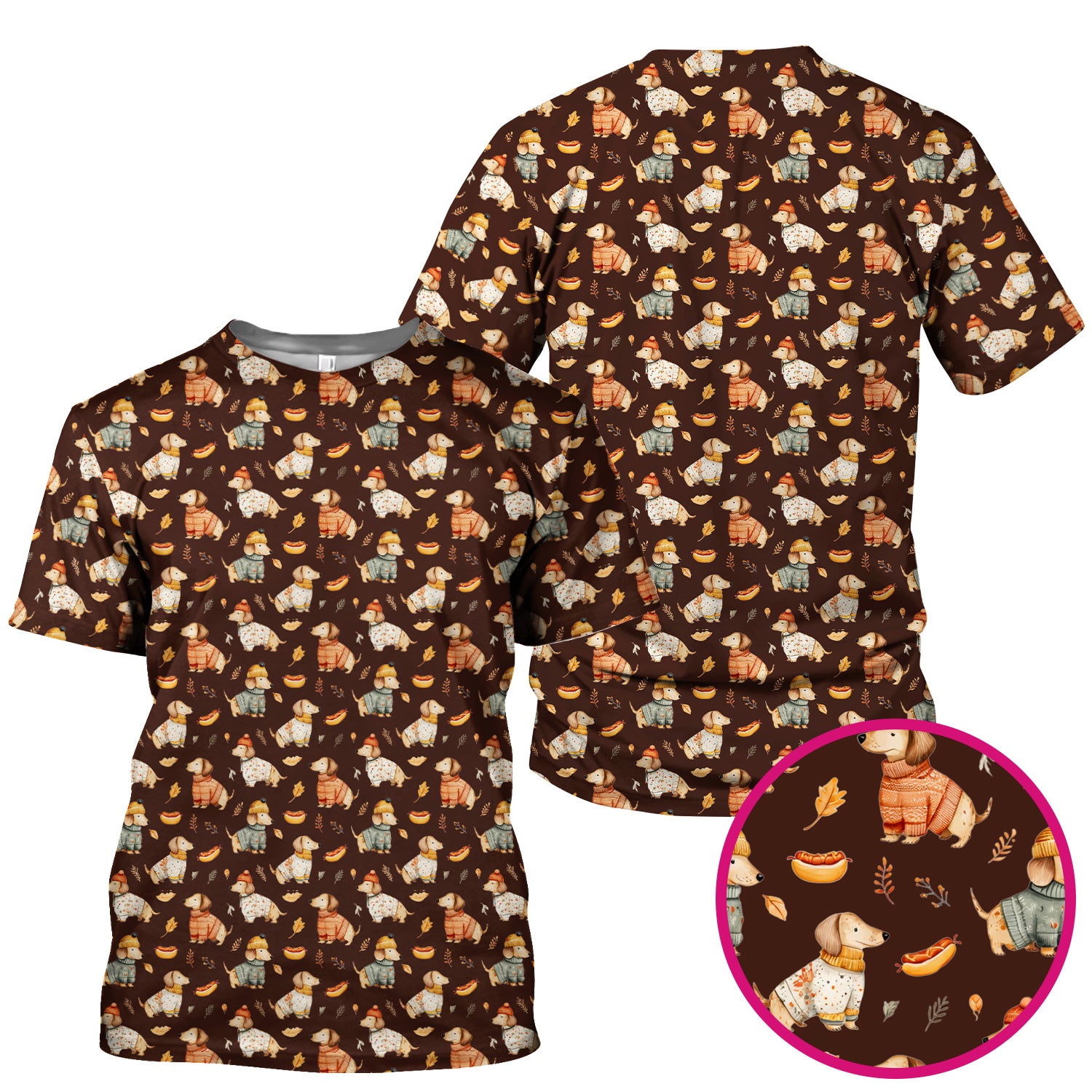 Autumn Dachshund Dog Sweater Print Scrub Top, Comfortable Scrubs for Nurses