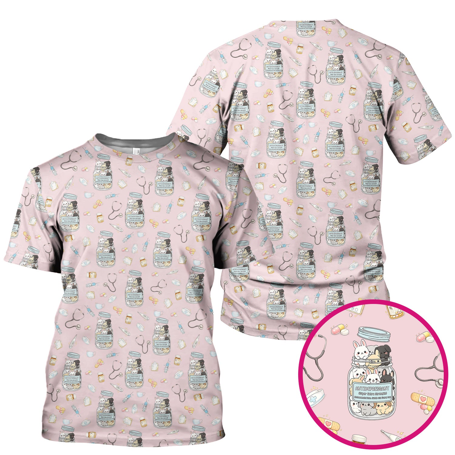 Whimsical Antidepressant Rabbit Jar Design Nurse Scrub Top, Soft & Breathable Workwear
