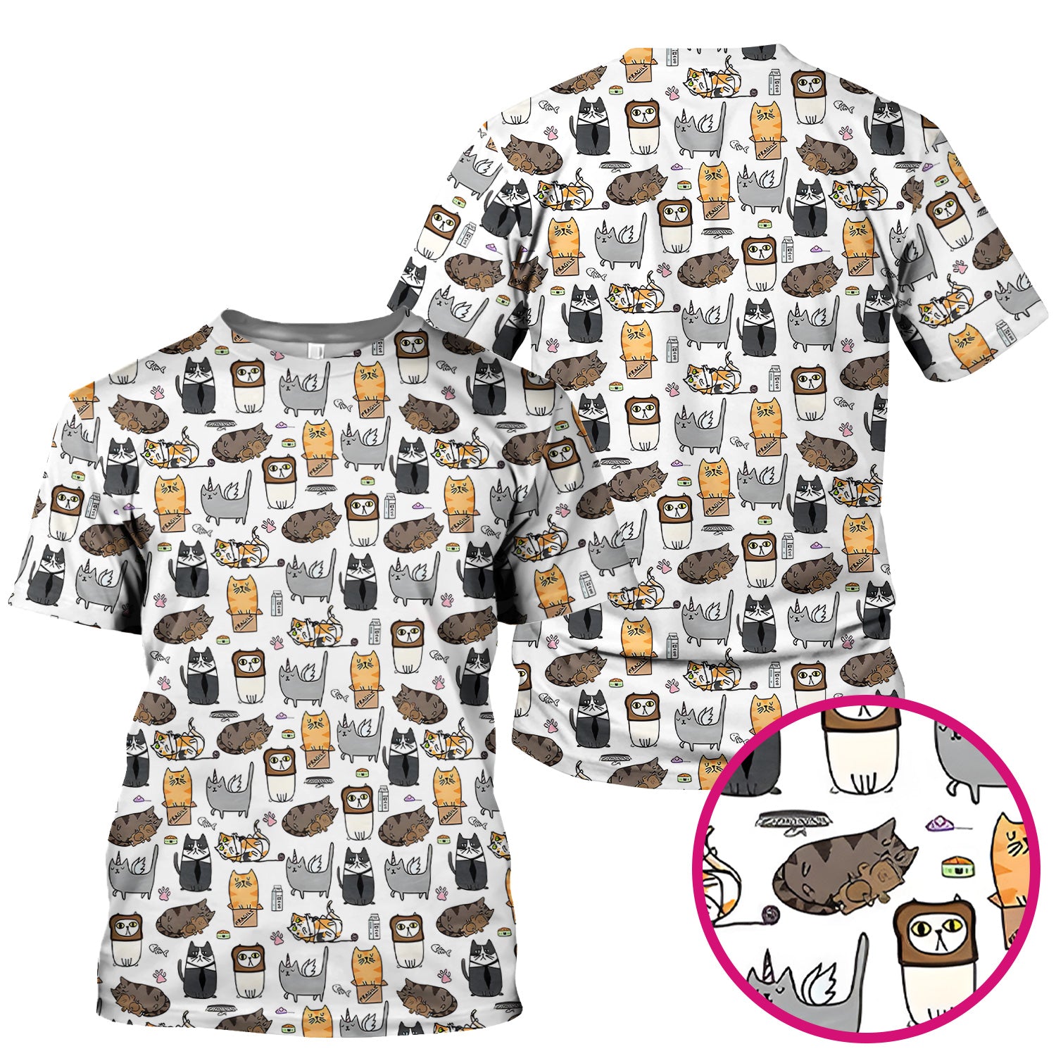 Lazy Cat Doodle Pattern Scrub Top, All Over Cozy Kitty Nursing Uniform for Women