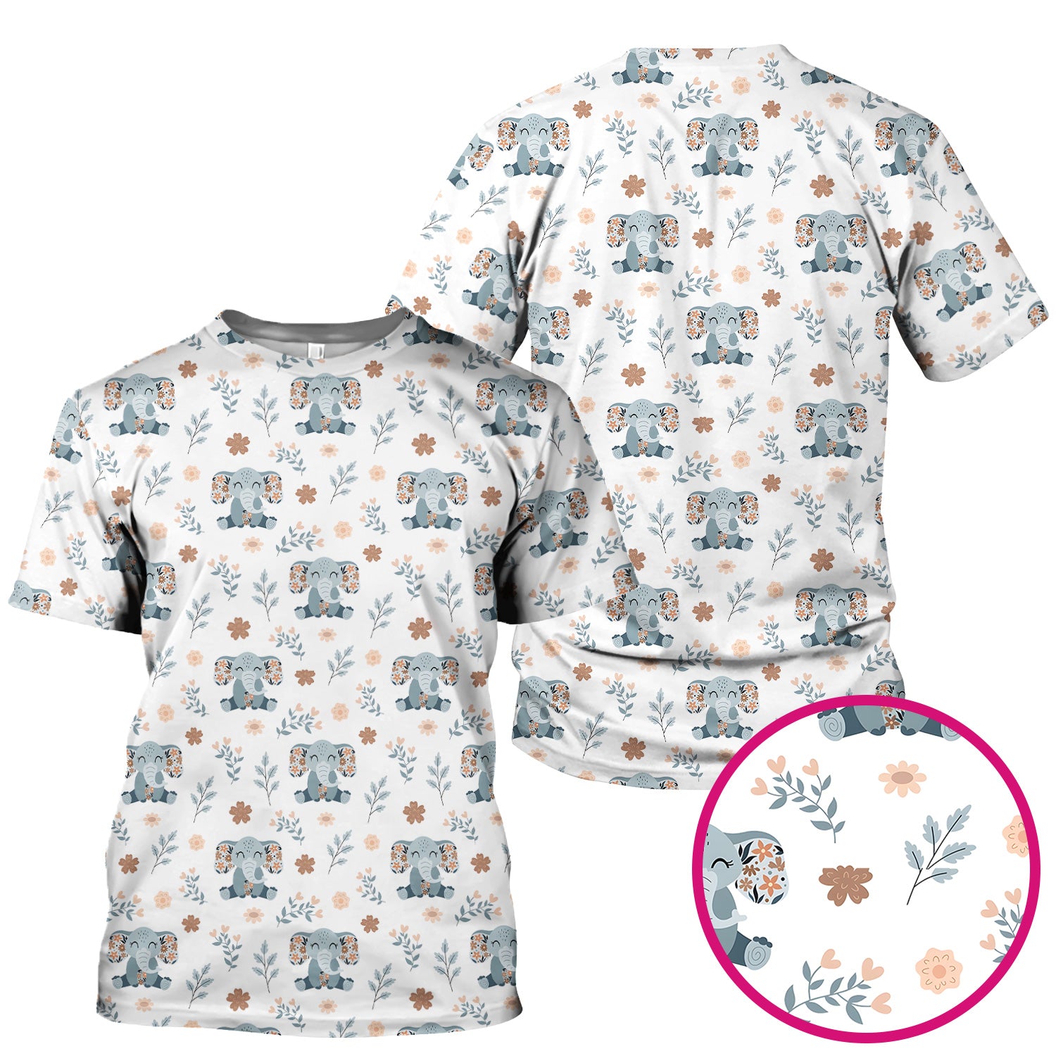 Cute Elephant Floral Print Scrub Top, Comfortable Scrubs for Nurses