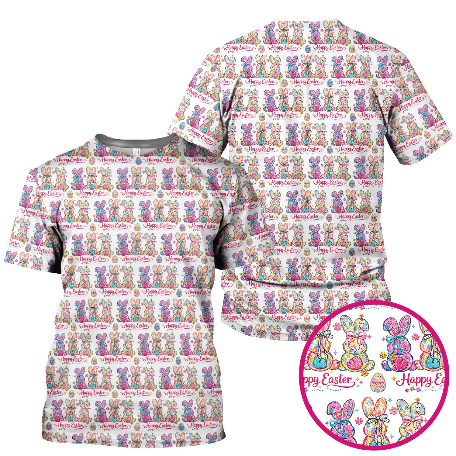 Pink Happy Easter Bunny Pattern Scrub Top, Comfortable Scrubs for Nurses