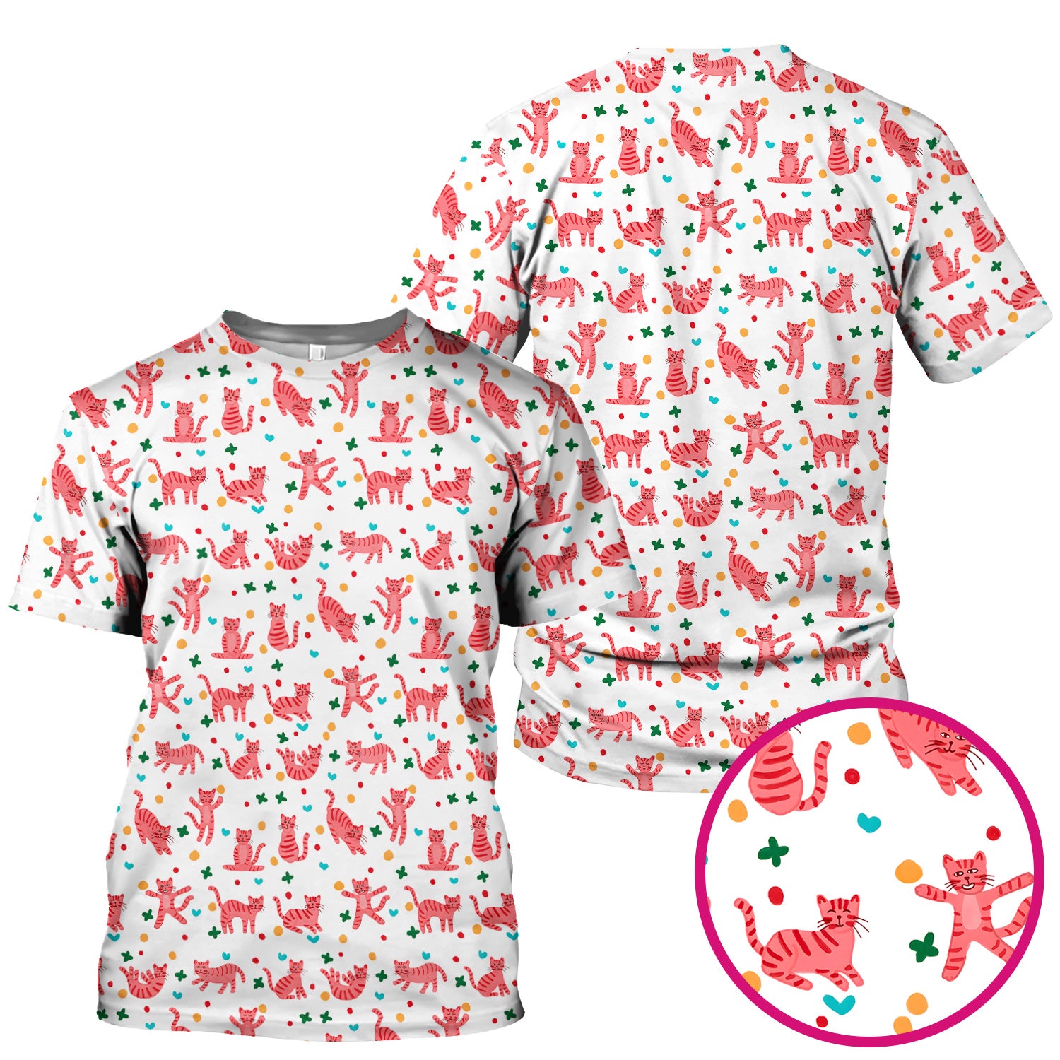 Cute Pink Cat Pattern Scrub Top, Comfortable Scrubs for Nurses