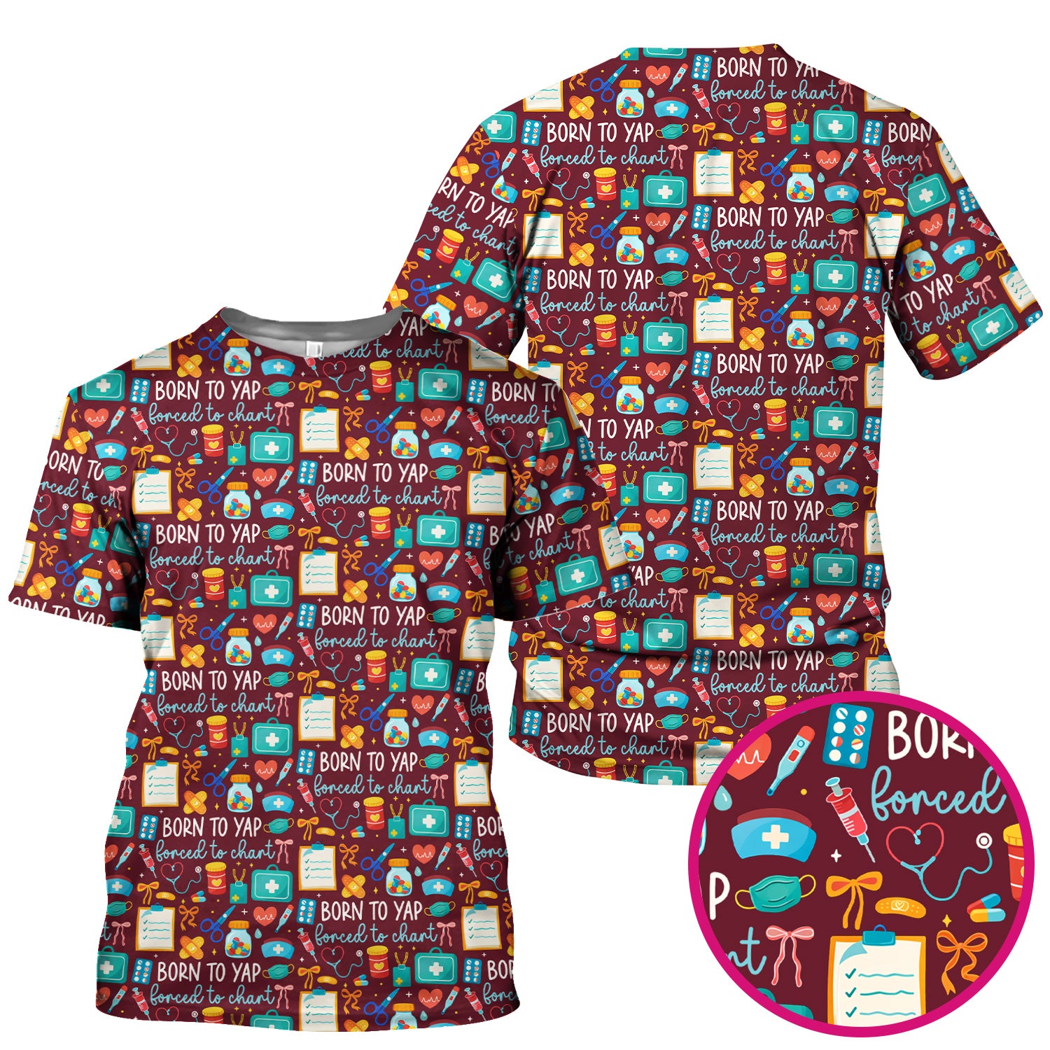 Born To Yap Medical Tools Pattern Scrub Top, Comfortable Scrubs for Nurses