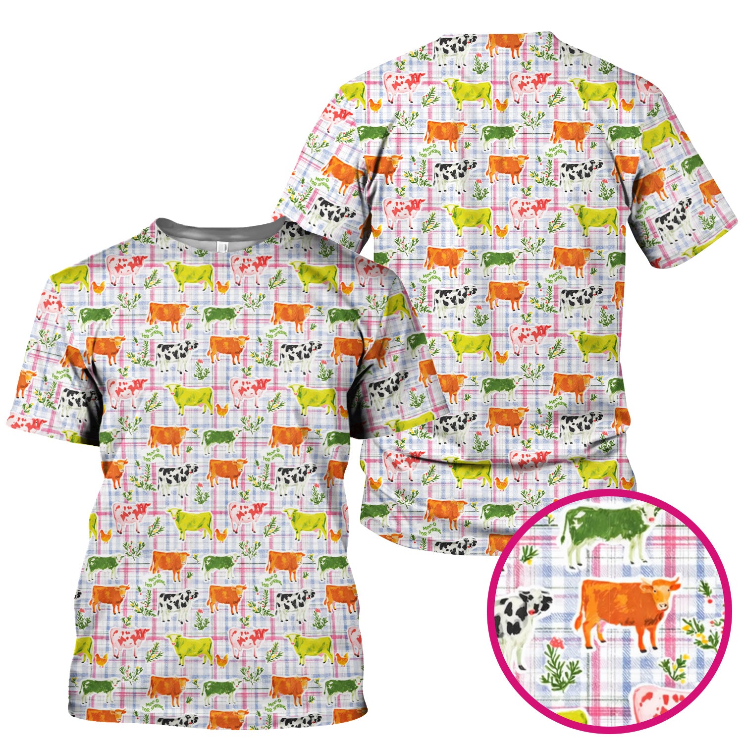 Colorful Farm Cow Plaid Print Scrub Top, Cute Country Scrubs for Nurses