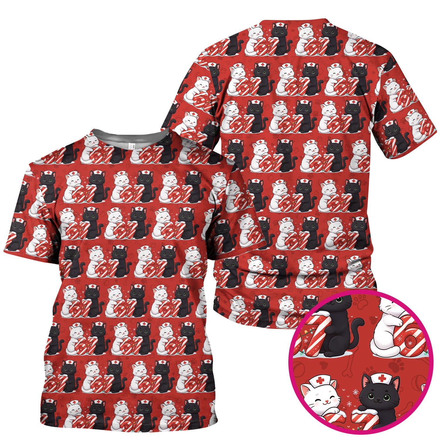 Xmas Cat Pattern Scrub Top, Christmas Nurse Six Seven With Cat Scrub Shirt, Breathable Fabrics Nursing Uniform