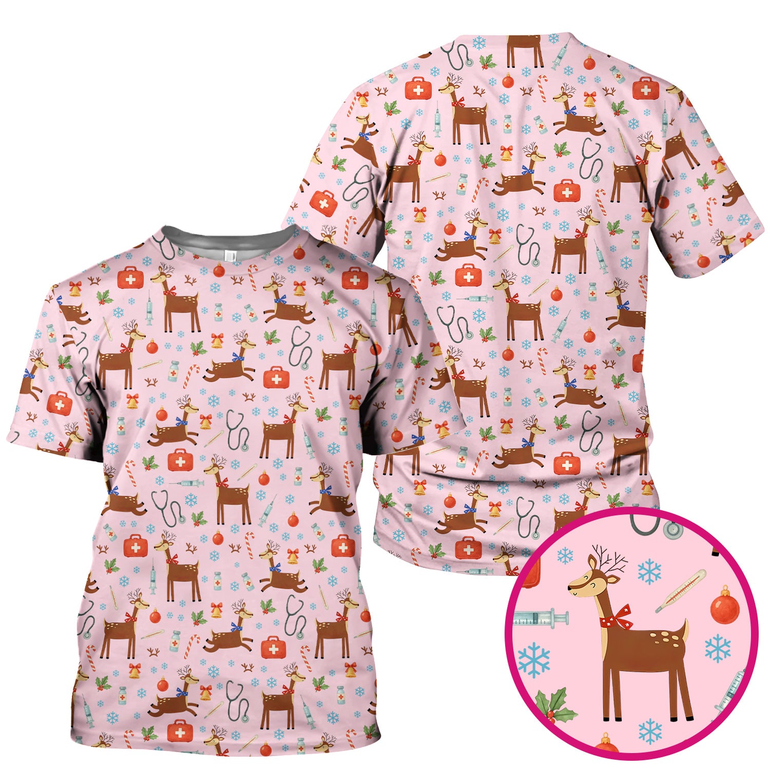 Reindeer Christmas Scrub Top - Snowflakes Candy Canes Holiday Medical Shirt - Xmas Scrubs for Women RN CNA LPN