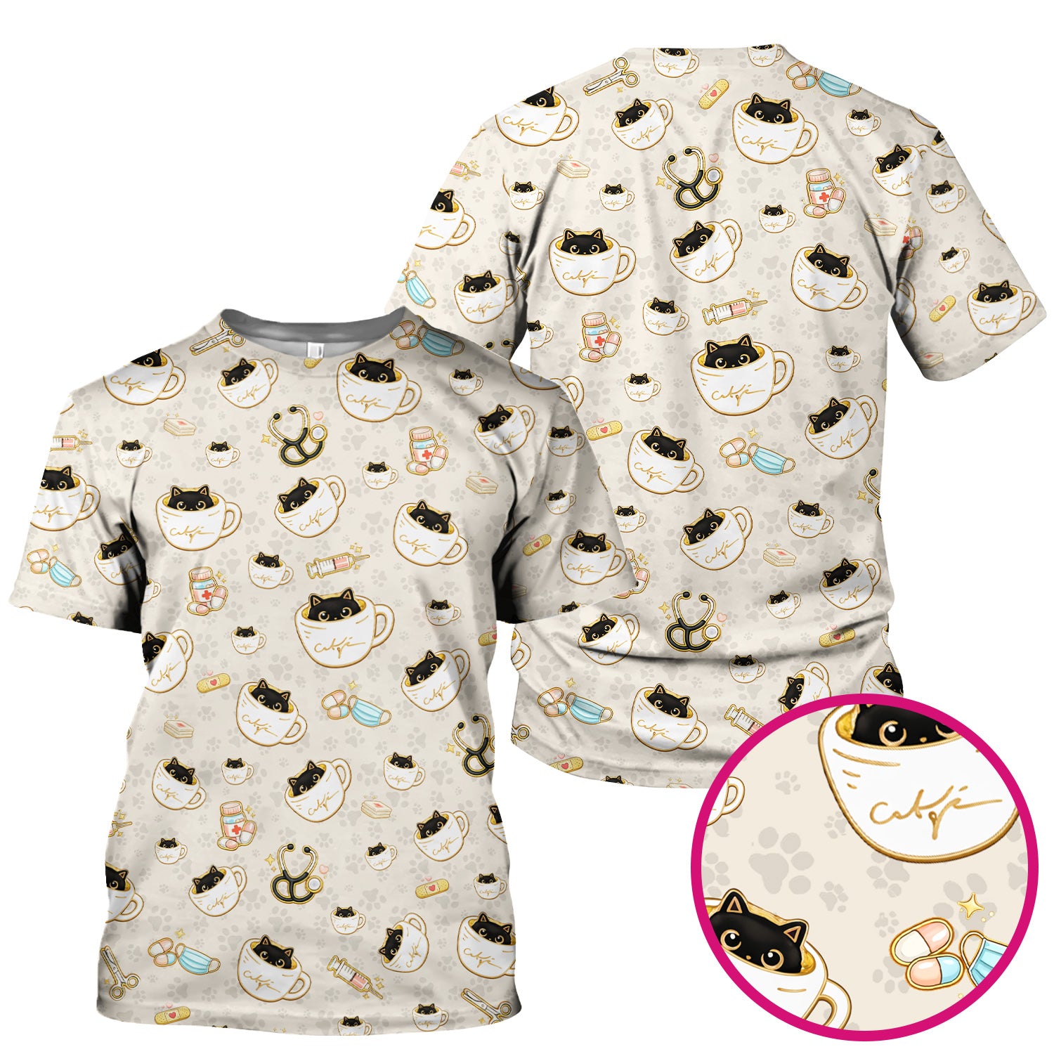 Cute Coffee Cat Medical Print Scrub Top, Breathable Fabrics Nursing Uniform