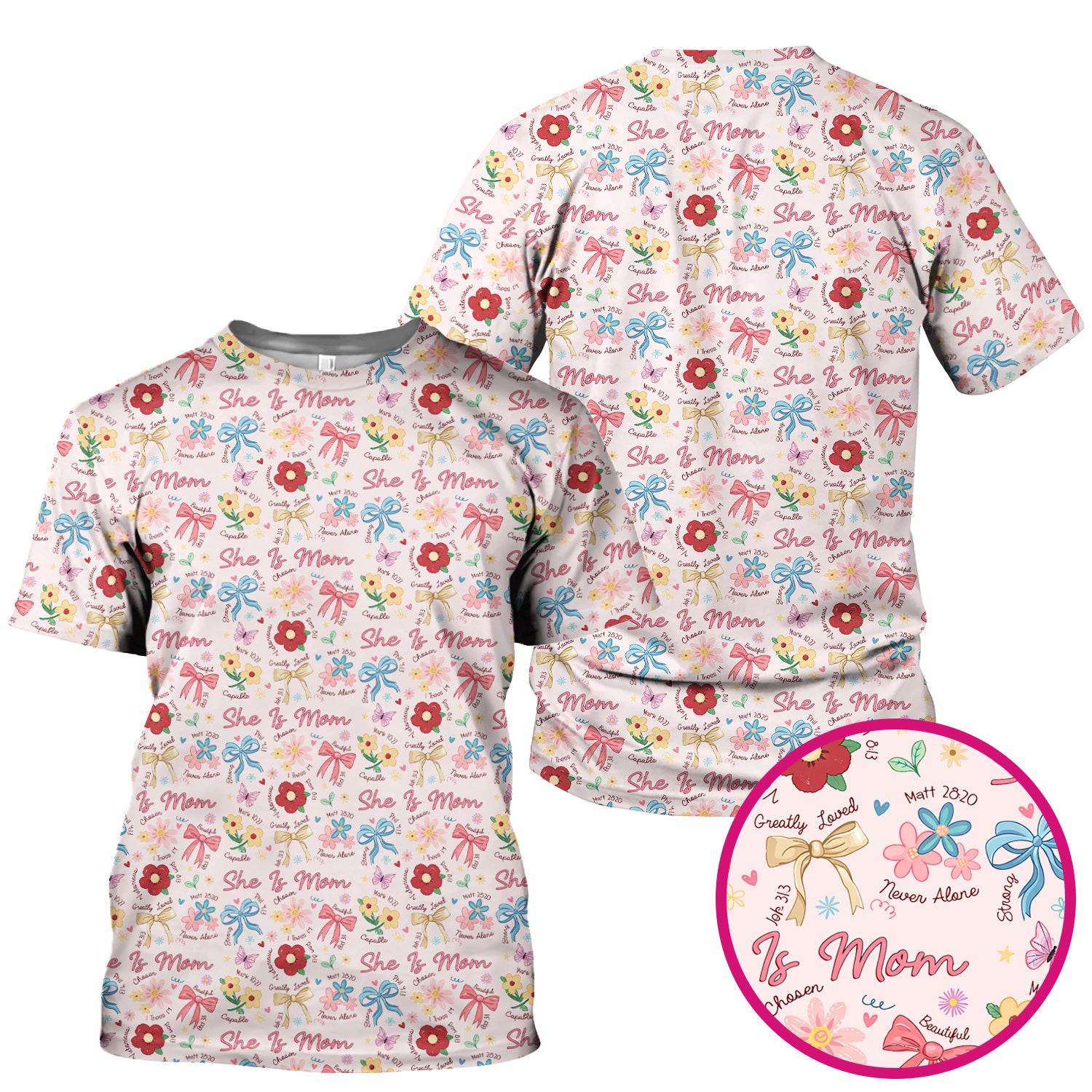 She Is Mom Floral Bow Pattern Scrub Top, Comfortable Scrubs for Nurses