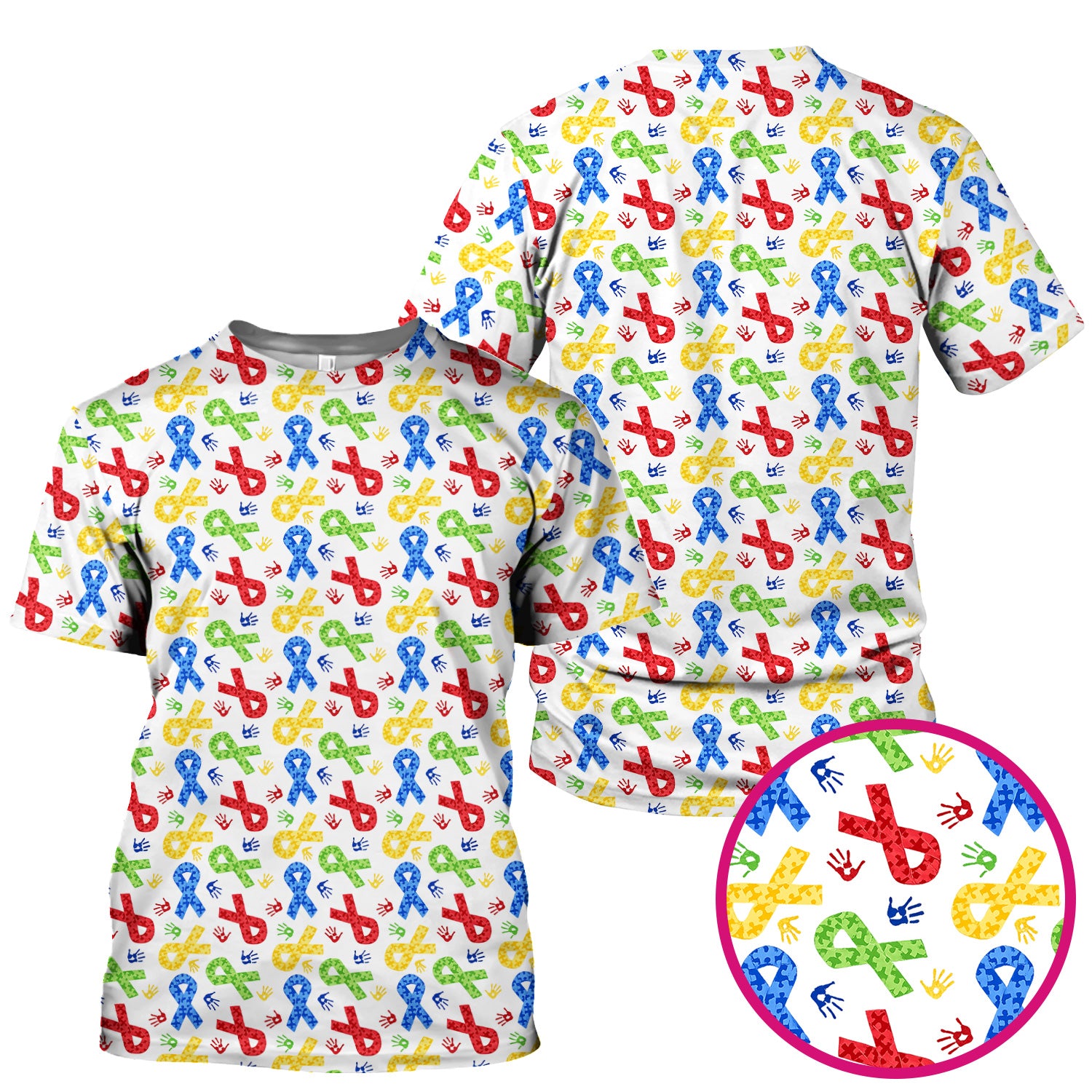 Multicolor Ribbon Pattern Print Scrub Top, Soft & Breathable Nurse Scrubs