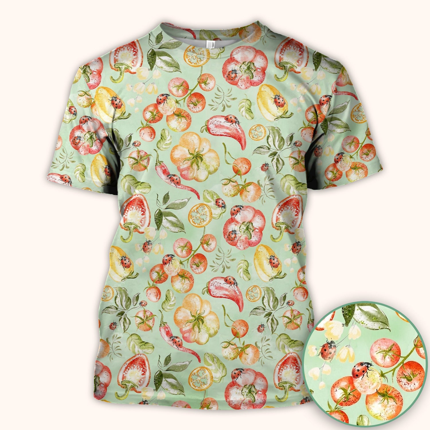 Cute Watercolor Veggie Ladybug Pattern Scrub Top, Comfortable Scrubs for Nurses