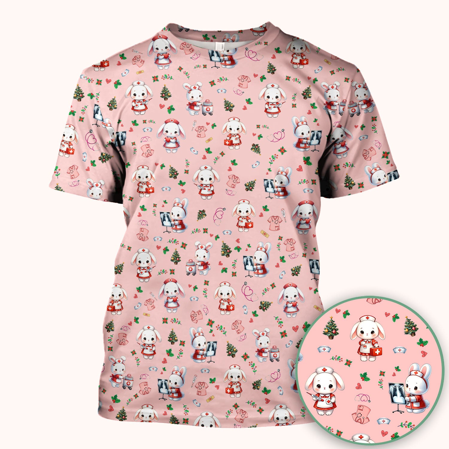 Cute Bunny Scrub Top for Nurse - Adorable Christmas Rabbit Shirt - Funny Holiday Medical Shirt Gift for Women RN LPN CNA