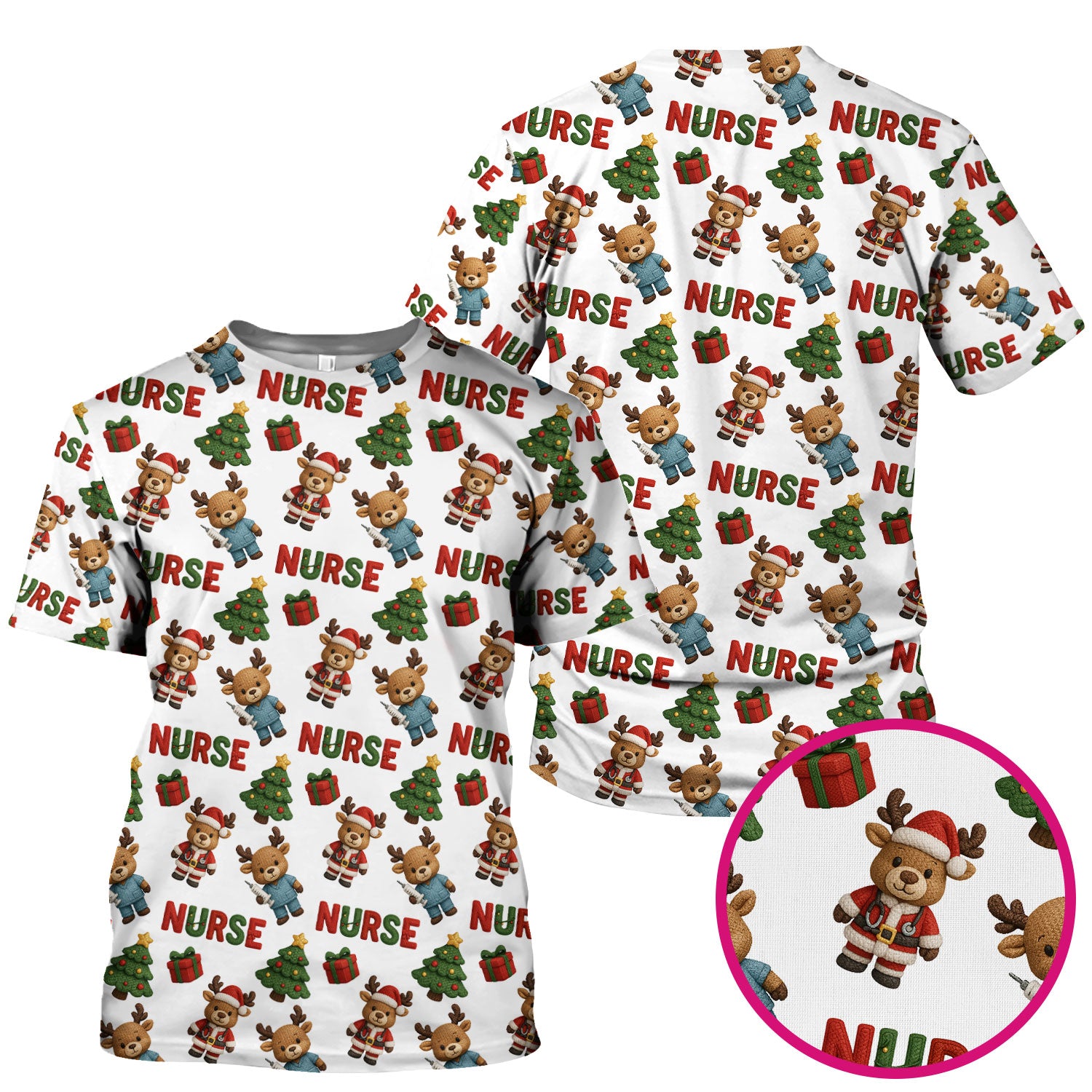 Reindeer Christmas Scrub Top, Cute Holiday Nurse Scrub Shirt, Festive Pattern Nursing Uniform