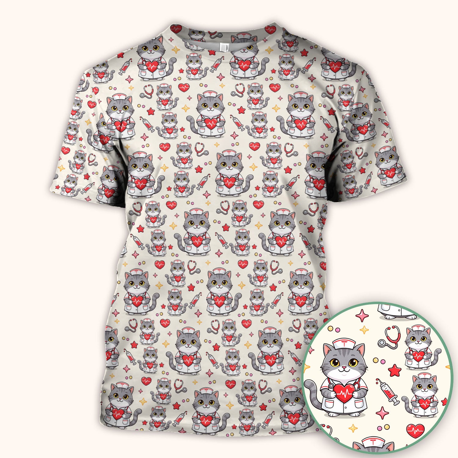 Cute Nurse Cat Heart Medical Print Scrub Top, Comfortable Scrubs for Nurses