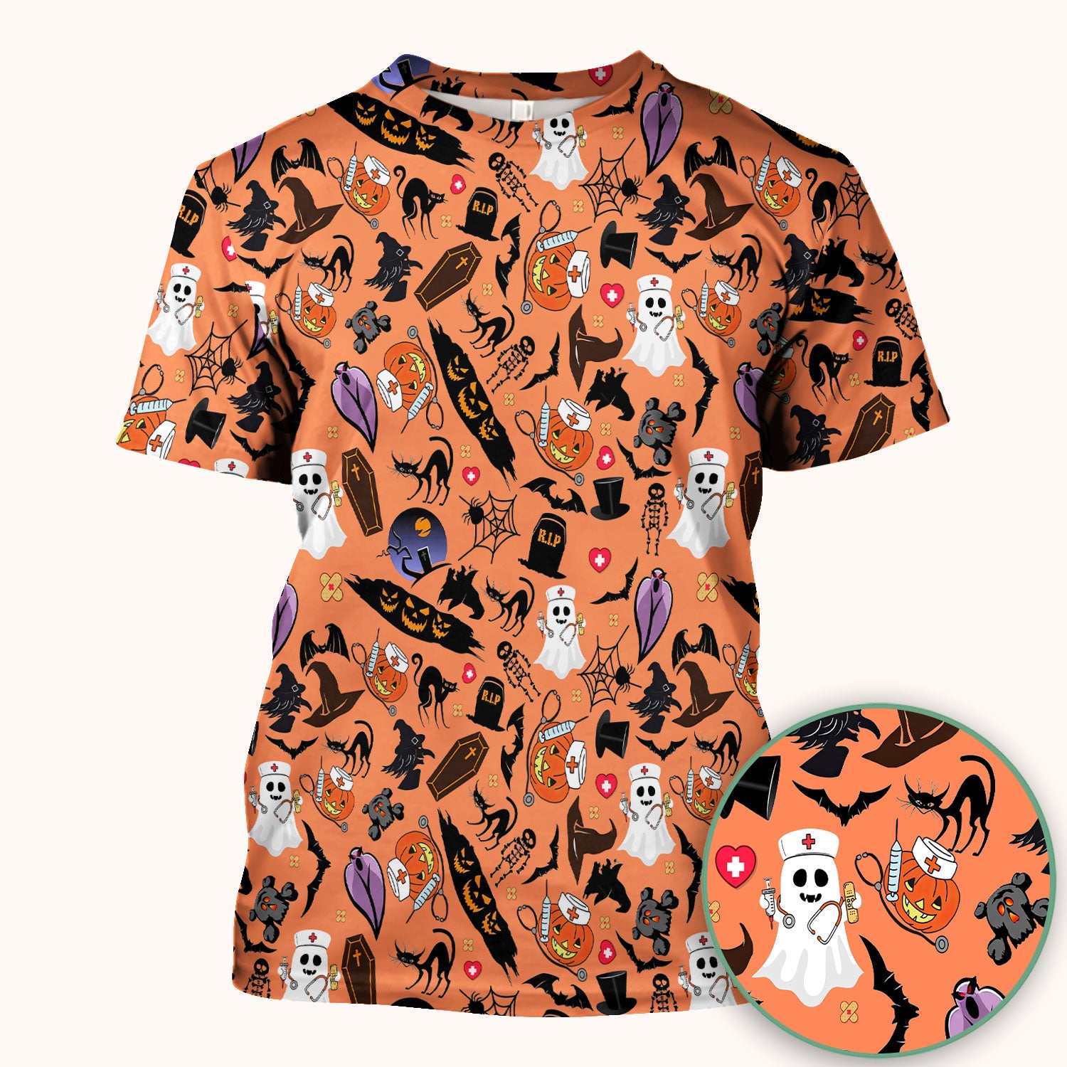 Spooky Halloween Scrub Top - Pumpkin Ghost Bat Nurse Shirt - Wicked Witch Medical Uniform for Women RN CNA LPN
