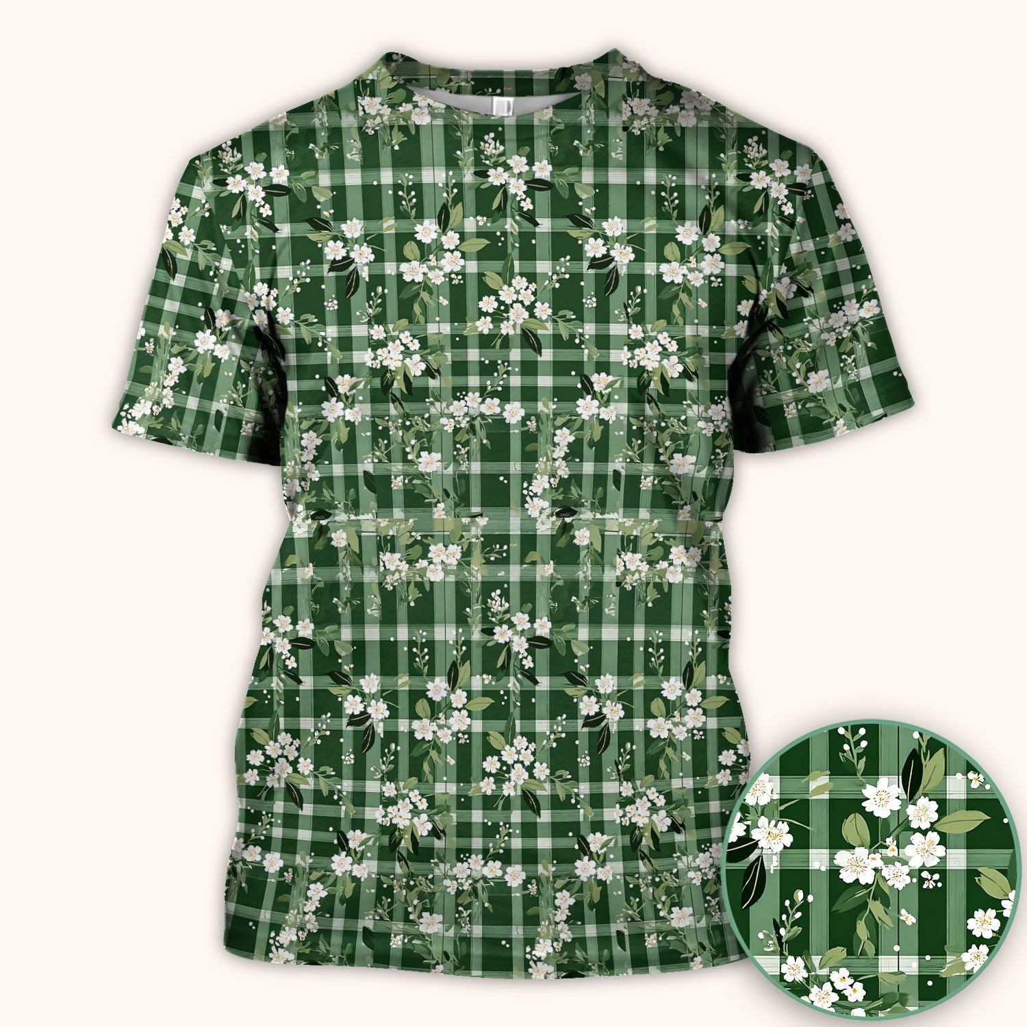 Cute Green Gingham Floral Print Scrub Top, Breathable Fabrics Nursing Uniform