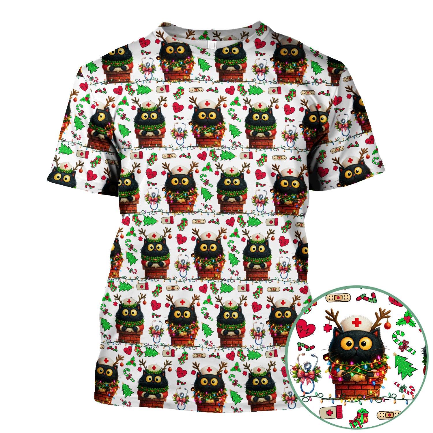 Christmas Black Cat Scrub Top for Nurse - Cute Reindeer Cat with Xmas Lights - Festive Holiday Medical Uniform for Women