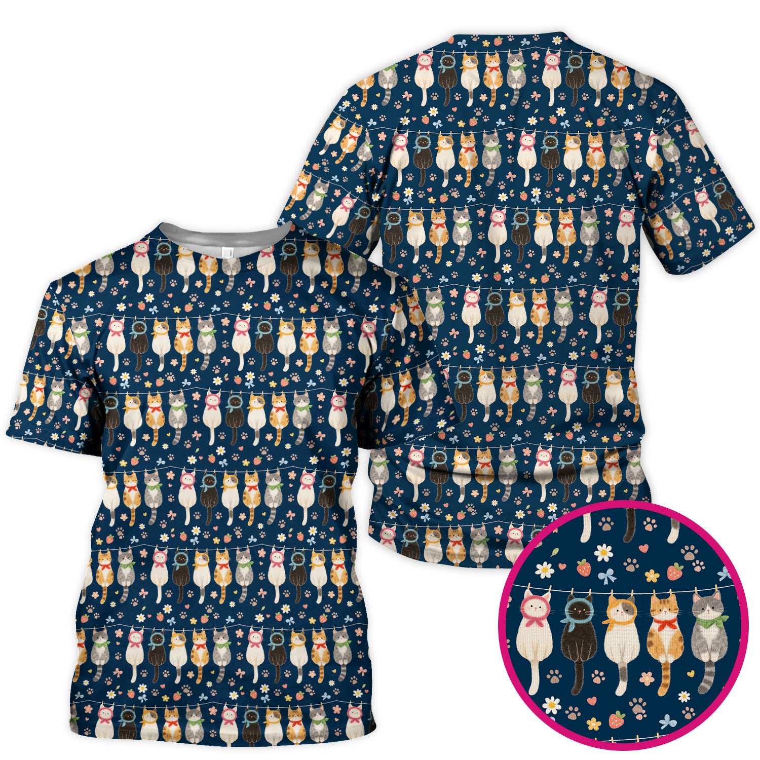 Cute Cat Clothesline Pattern Scrub Top, Comfortable Scrubs for Nurses