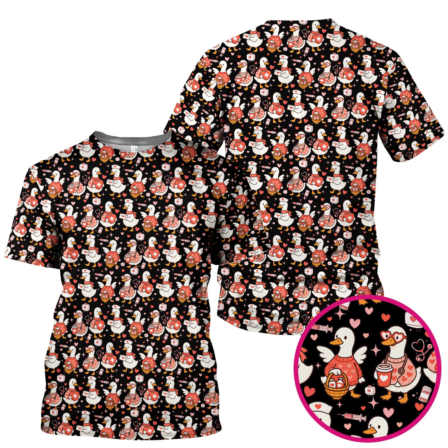 Valentine Goose Nurse Scrub Top, Heart Medical Pattern Nurse Shirt, Breathable Fabrics Nursing Uniform