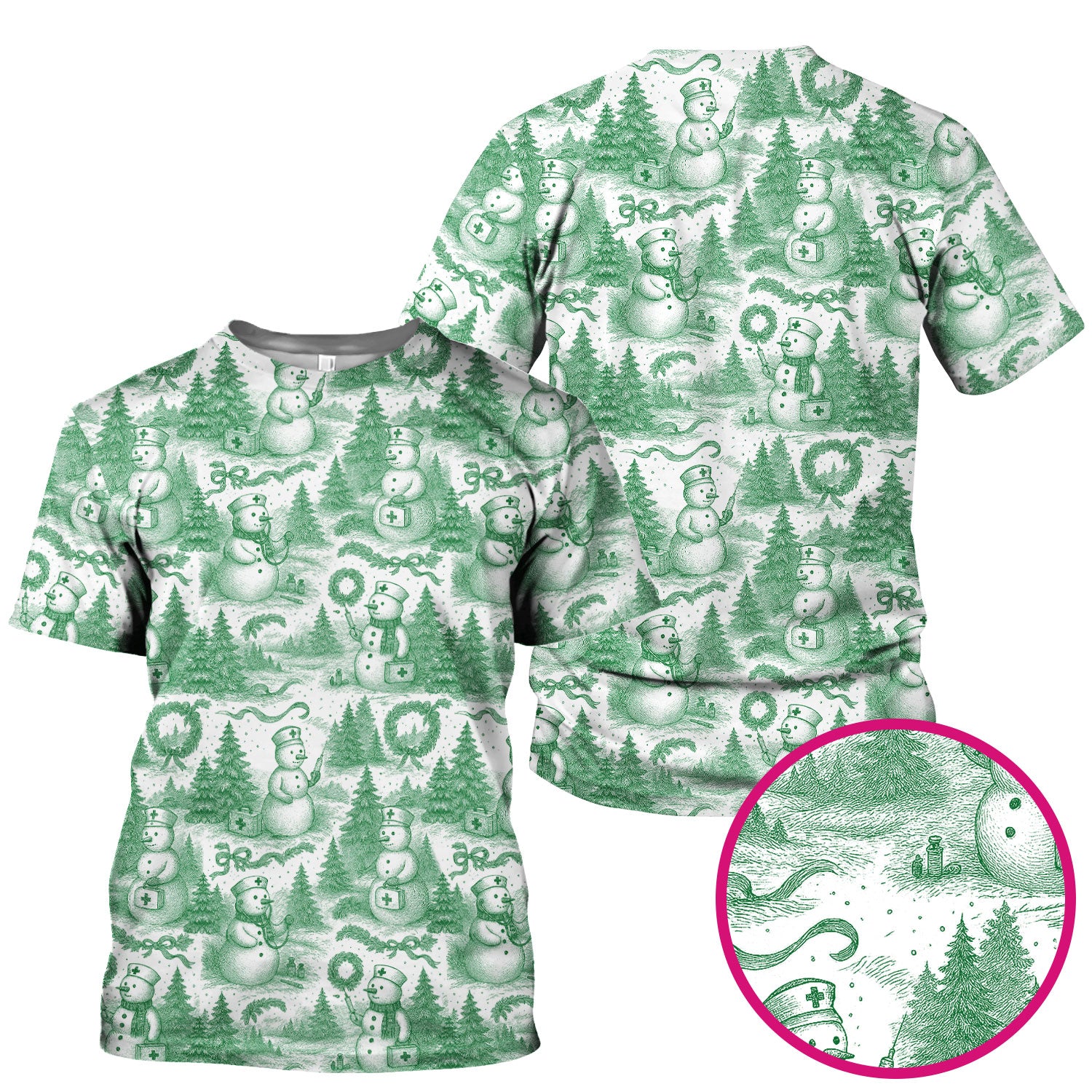 Christmas Scrub Top for Women – Toile de Jouy Snowman and Medical Pattern – Vintage Holiday Nurse Scrubs for Festive Season