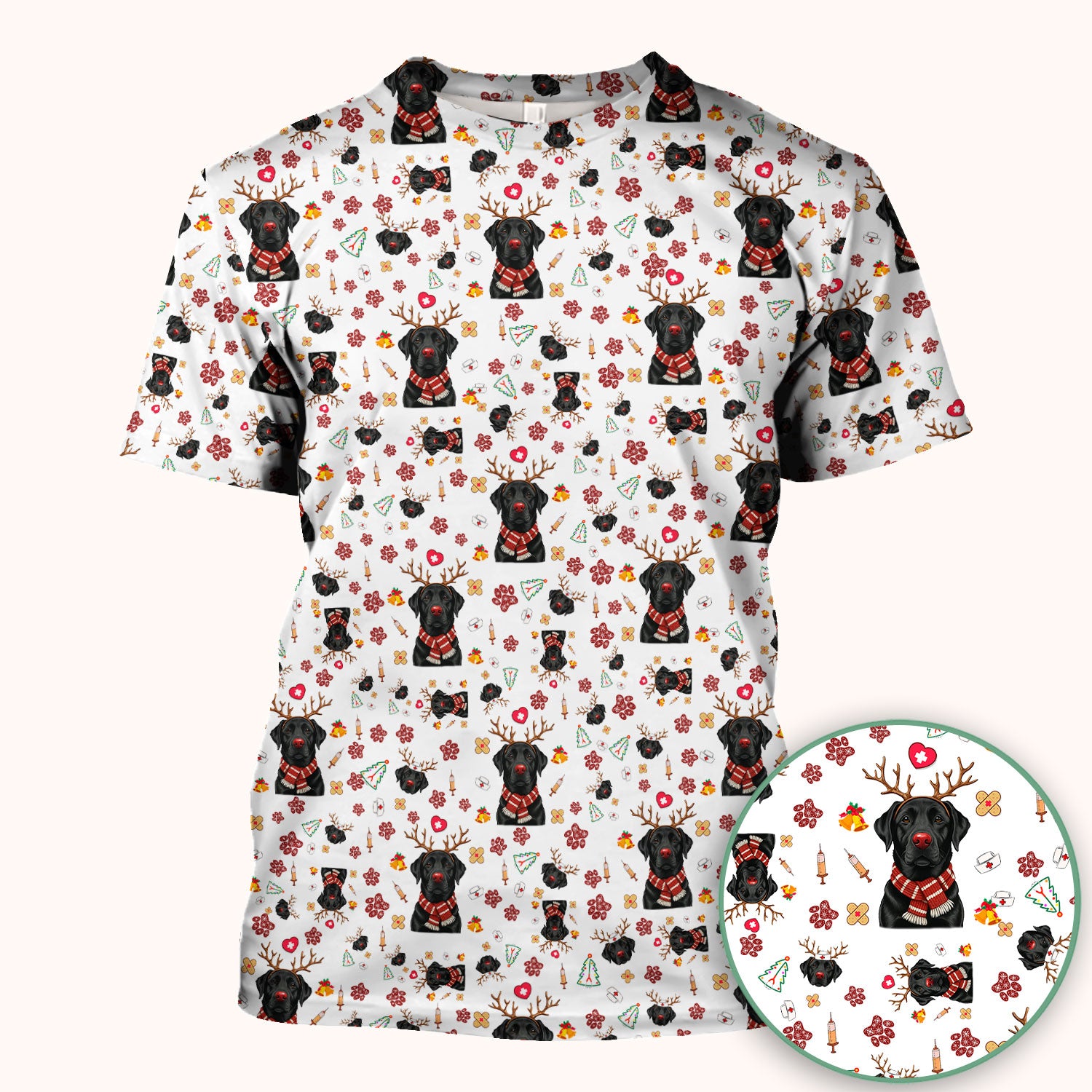 Funny Black Lab Reindeer Scrub Top - Christmas Dog Nurse Shirt - Cute Holiday Medical Uniform Gift for RN LPN CNA