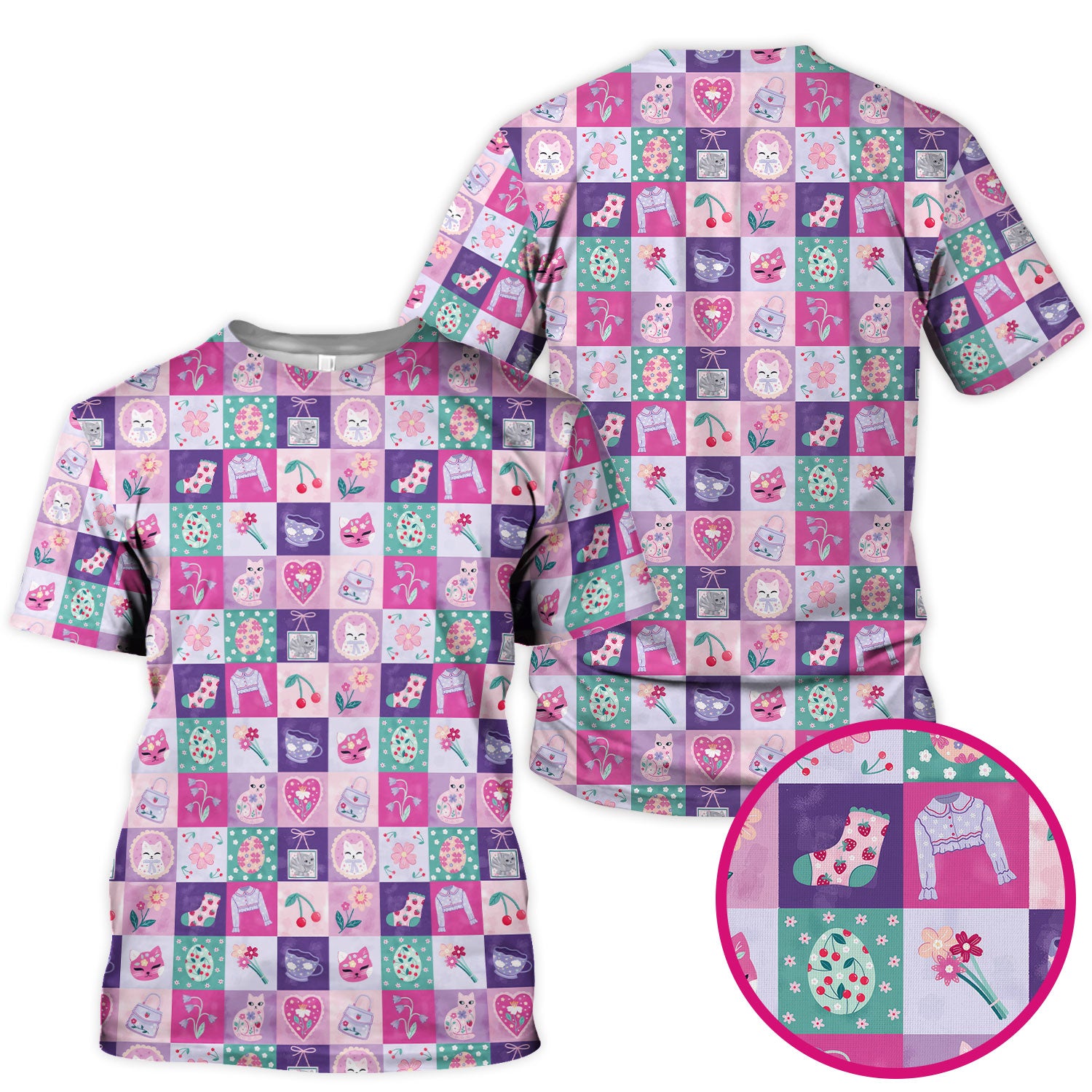 Pastel Cat Patchwork Scrub Top, Kawaii Floral Nursing Uniform