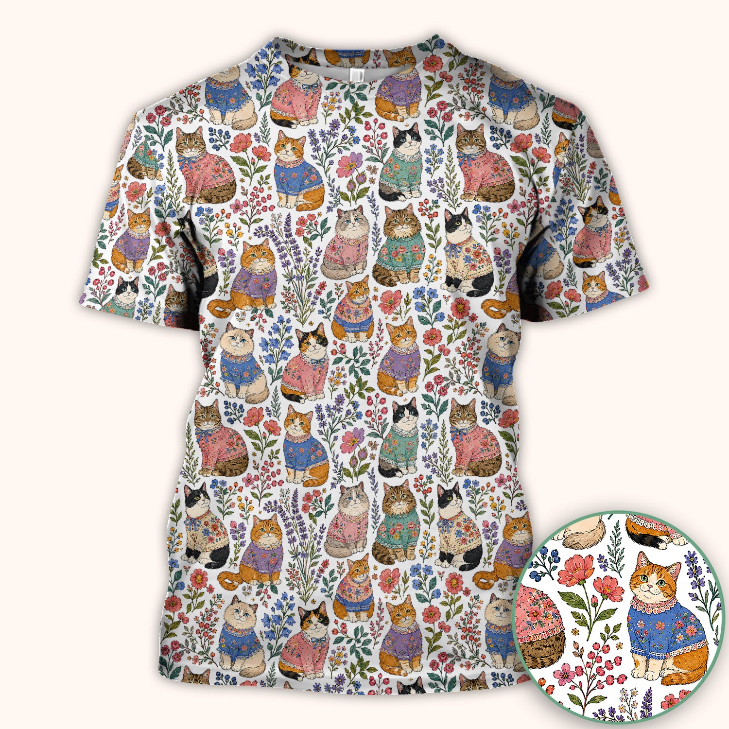 Cute Floral Cat Pattern Scrub Top, Comfortable Scrubs for Nurses