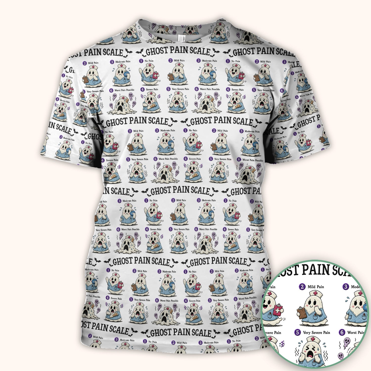 Funny Ghost Pain Scale Pattern Scrub Top, Comfortable Scrubs for Nurses