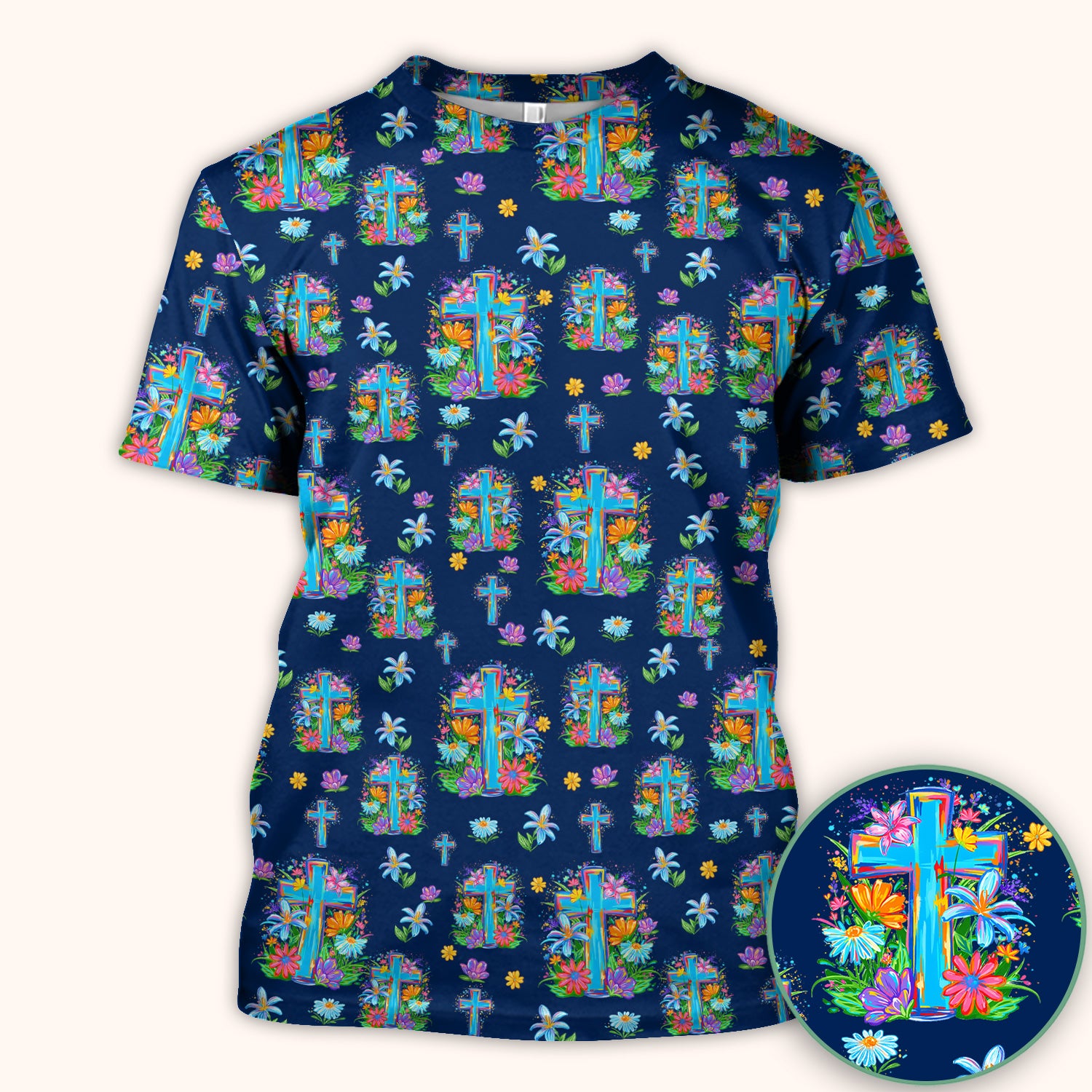 Christian Floral Cross Spring Pattern Scrub Top, Comfortable Scrubs for Nurses
