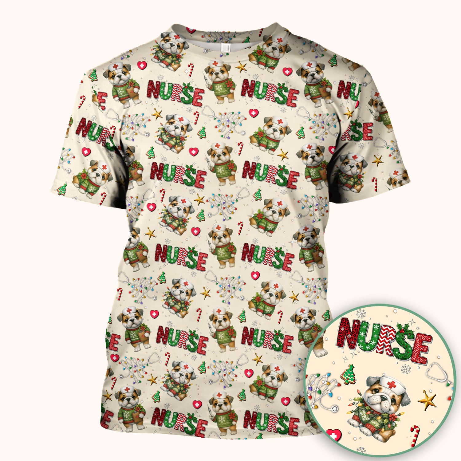 Bulldog Christmas Nurse Scrub Top - Funny Dog Scrub Shirt - Cute Holiday Medical Uniform for Women RN LPN CNA Gift