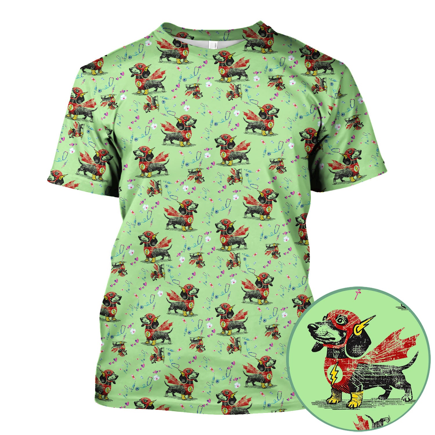 Super Nurse Dachshund Scrub Shirt - Hero Sausage Dog Print Medical Top - Funny Dog Print Gift for Nurses RN CNA LPN