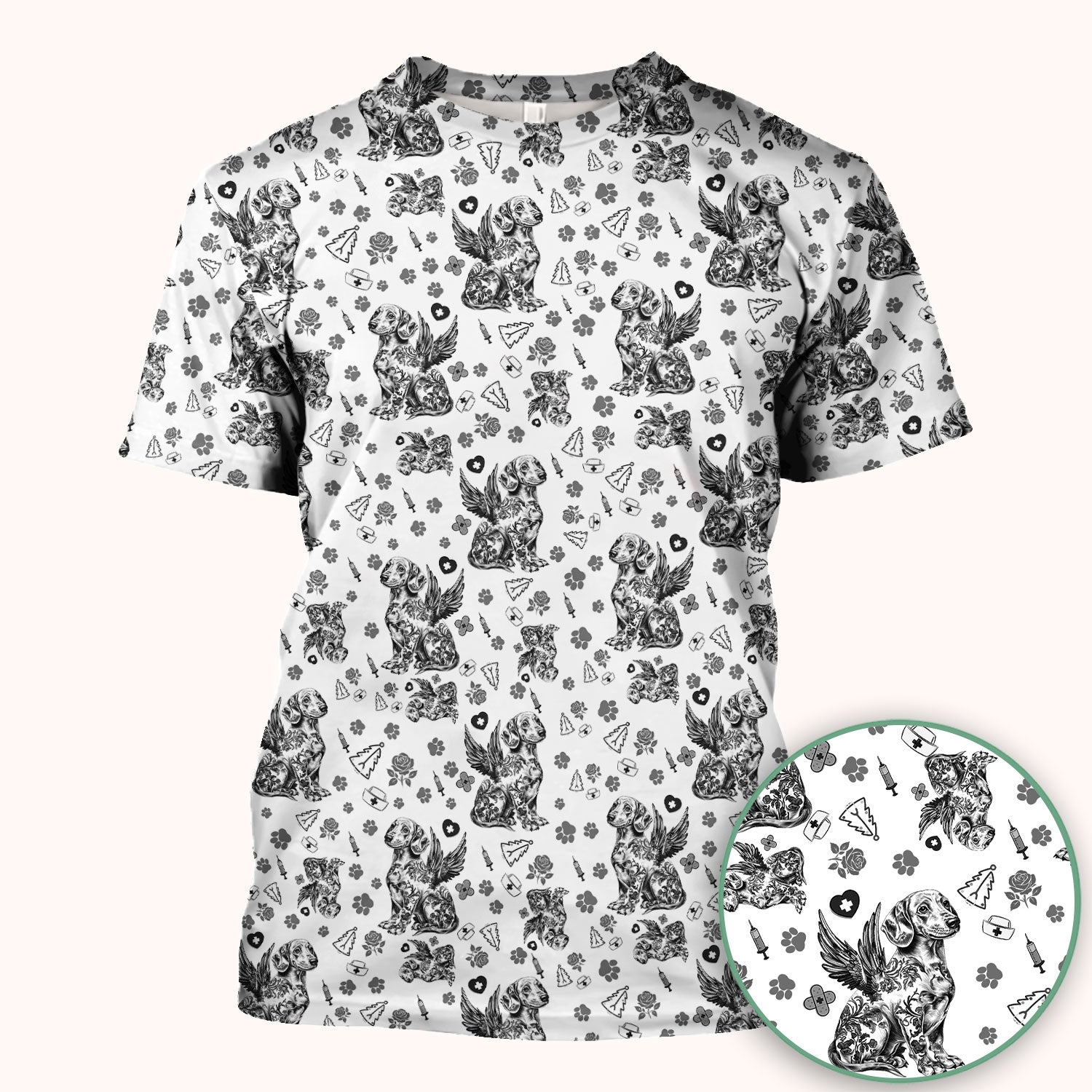 Toile de Jouy Dachshund Angel Scrub Top - Blue Vintage Dog Nurse Shirt - Memorial Christmas Gift
