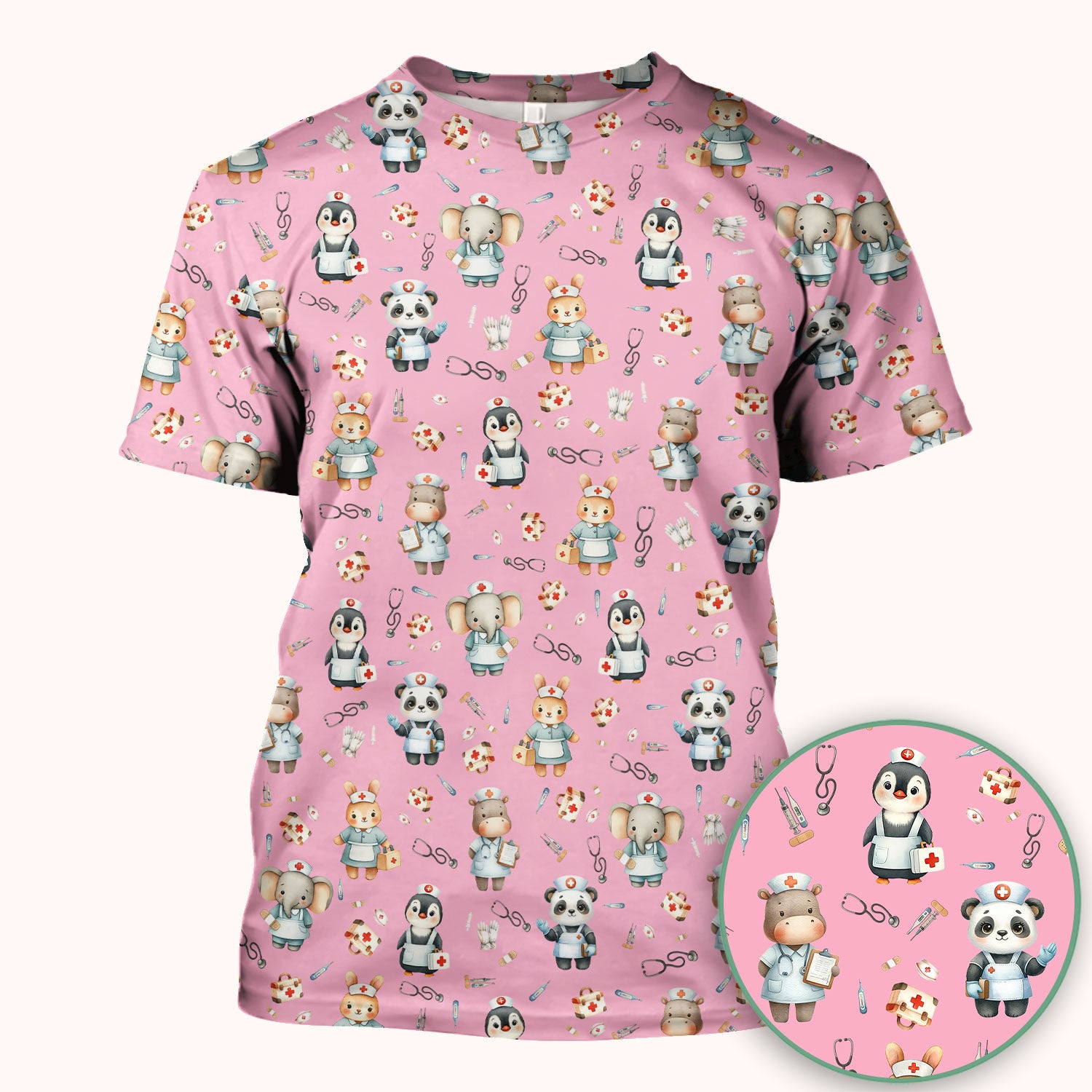 Cute Animal Scrub Top for Women - Panda Bunny Penguin Print Med Uniform - Comfortable Pastel Scrubs for Nurses