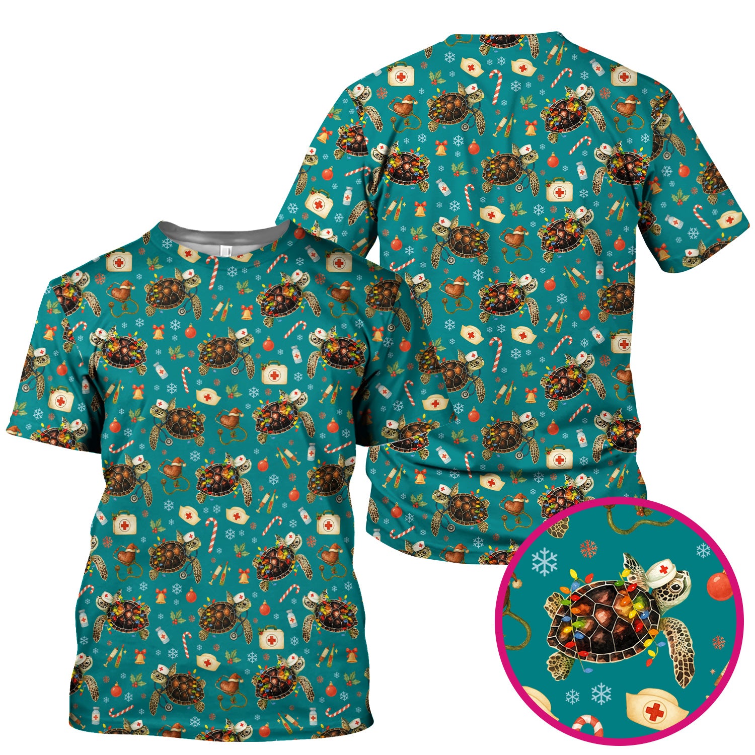 Funny Christmas Scrub Top - Sea Turtle with Xmas Lights Shirt - Holiday Nurse Scrubs for Women