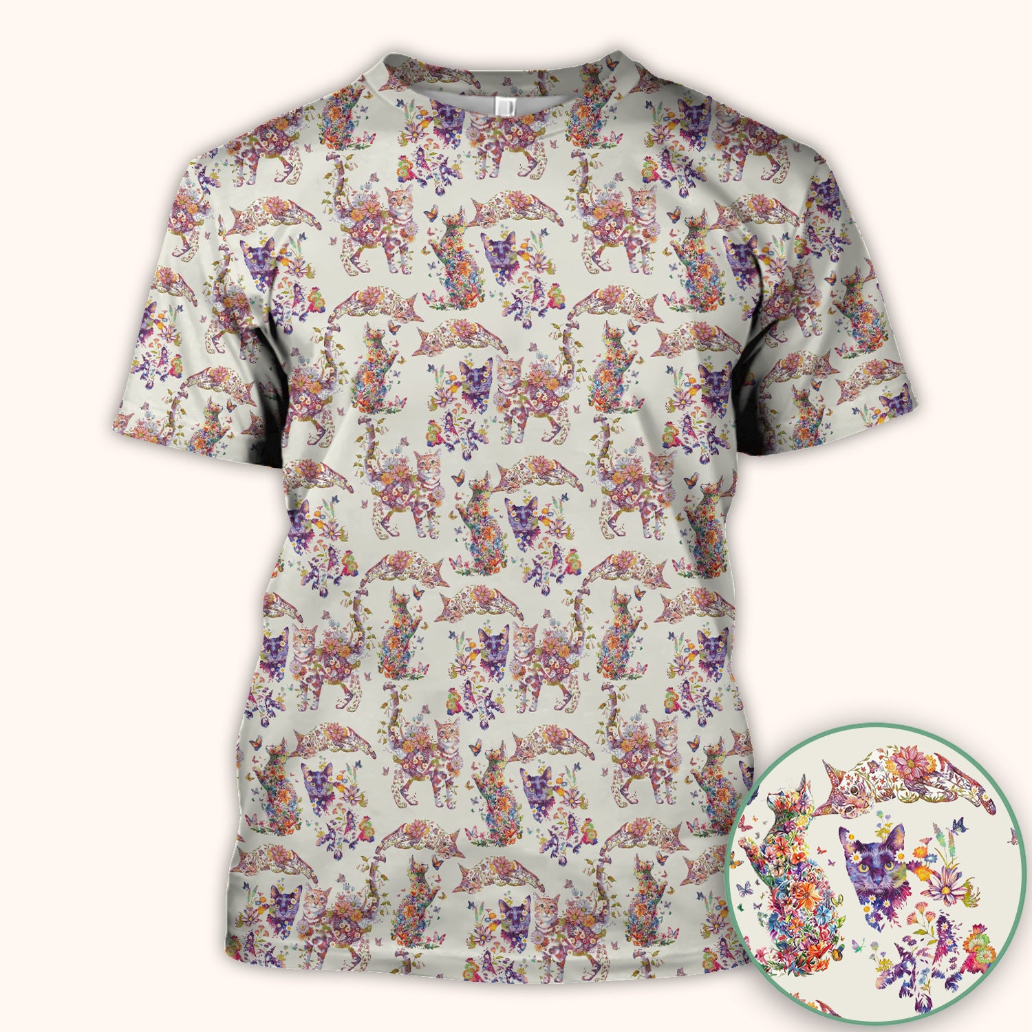 Whimsical Floral Cat Garden Pattern Scrub Top, Comfortable Scrubs for Nurses
