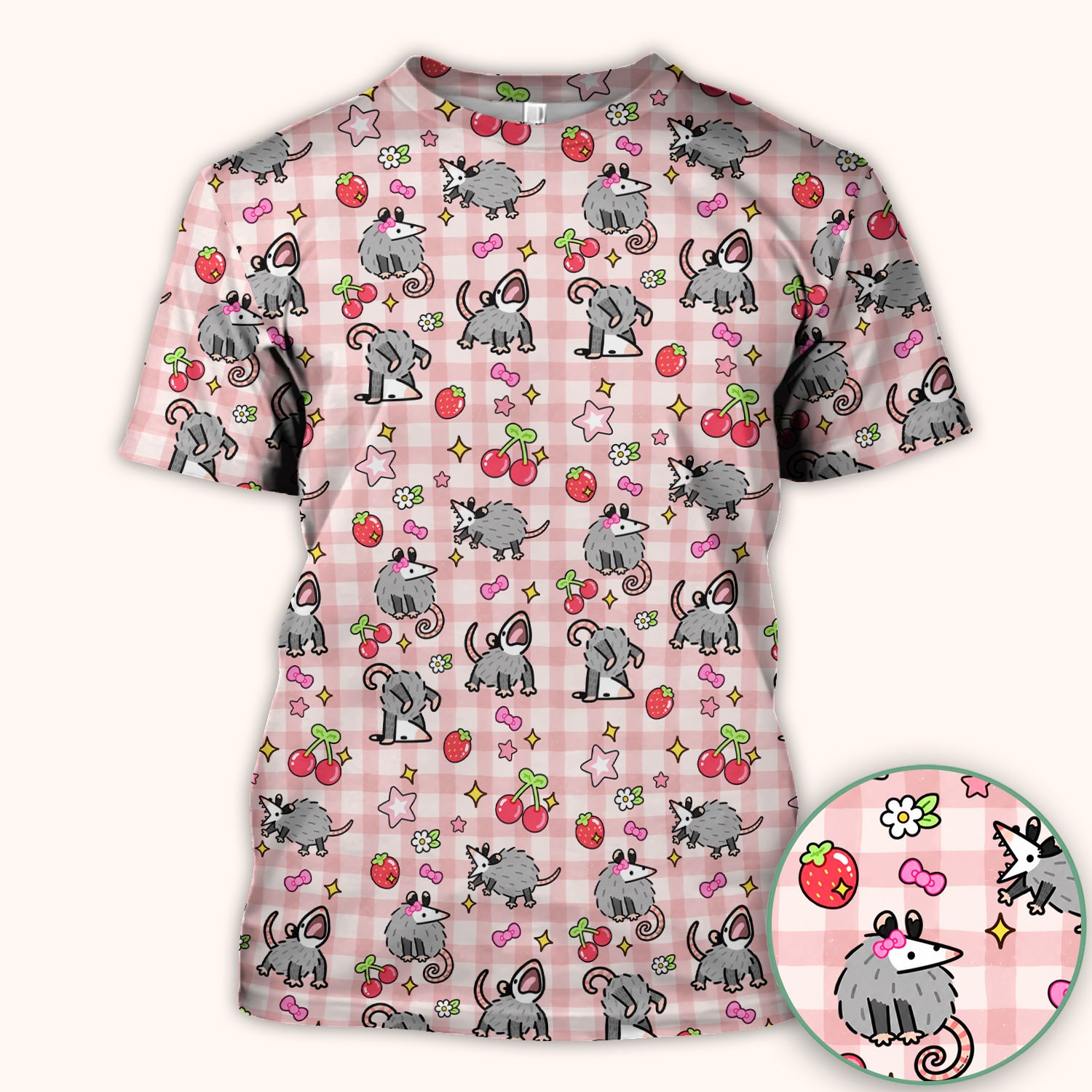Cute Opossum And Cherries Gingham Pattern Scrub Top, Comfortable Scrubs for Nurses