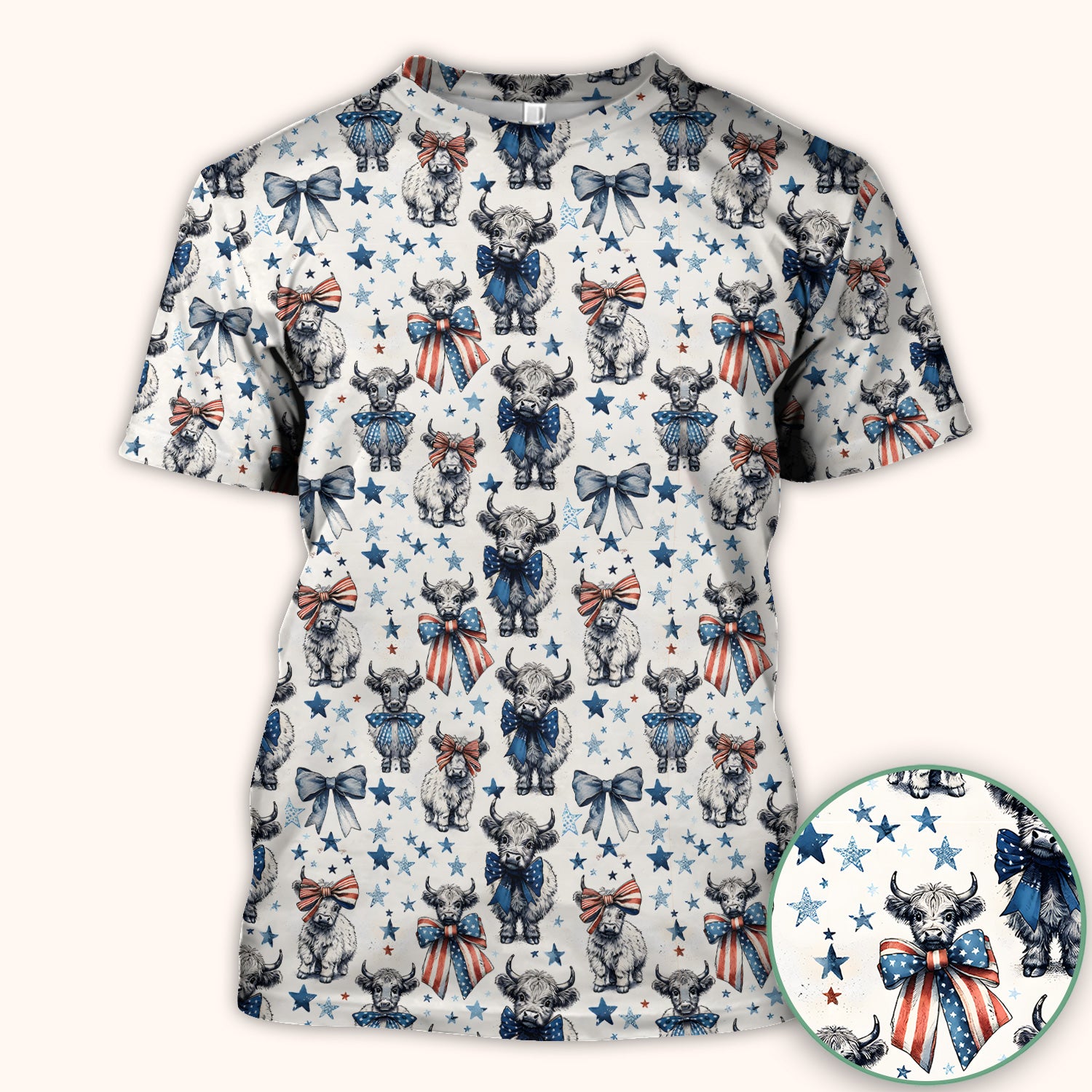 Patriotic Highland Cow Stars Pattern Scrub Top, Comfortable Scrubs for Nurses