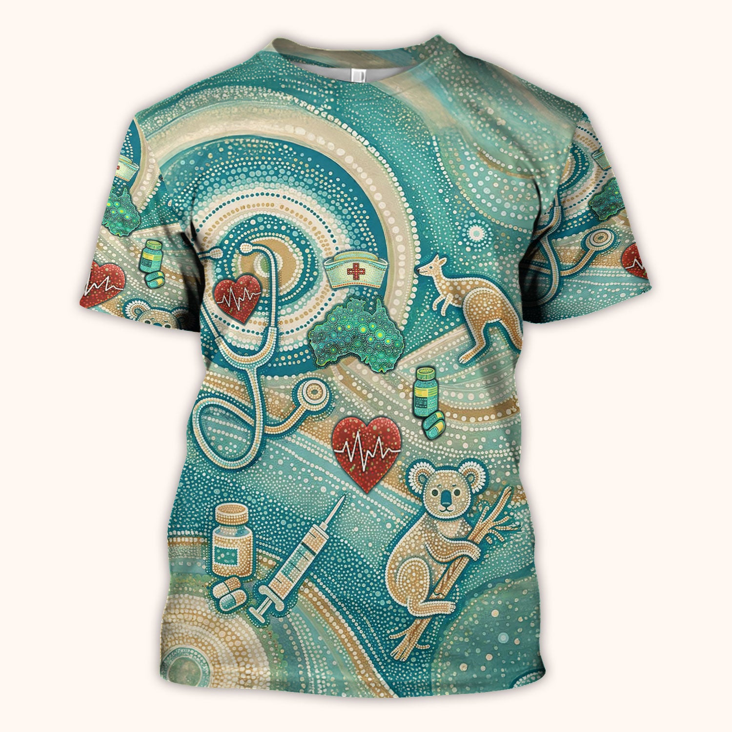 Australian Wildlife Dot Art Inspired Medical Scrub Top - Aussie Women V-Neck Shirt