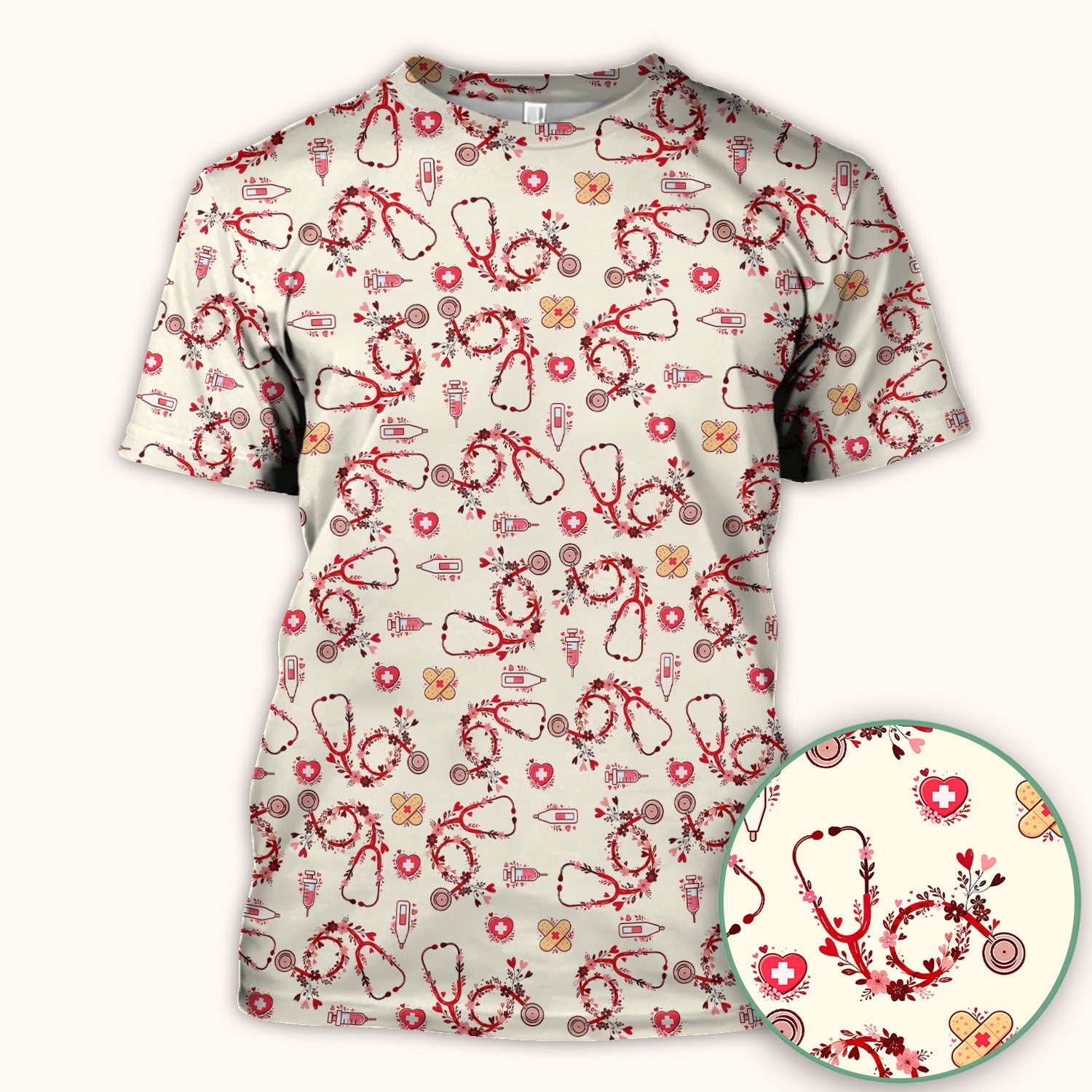 Heart Stethoscope Medical Pattern Scrub Top, Breathable Fabrics Nursing Uniform
