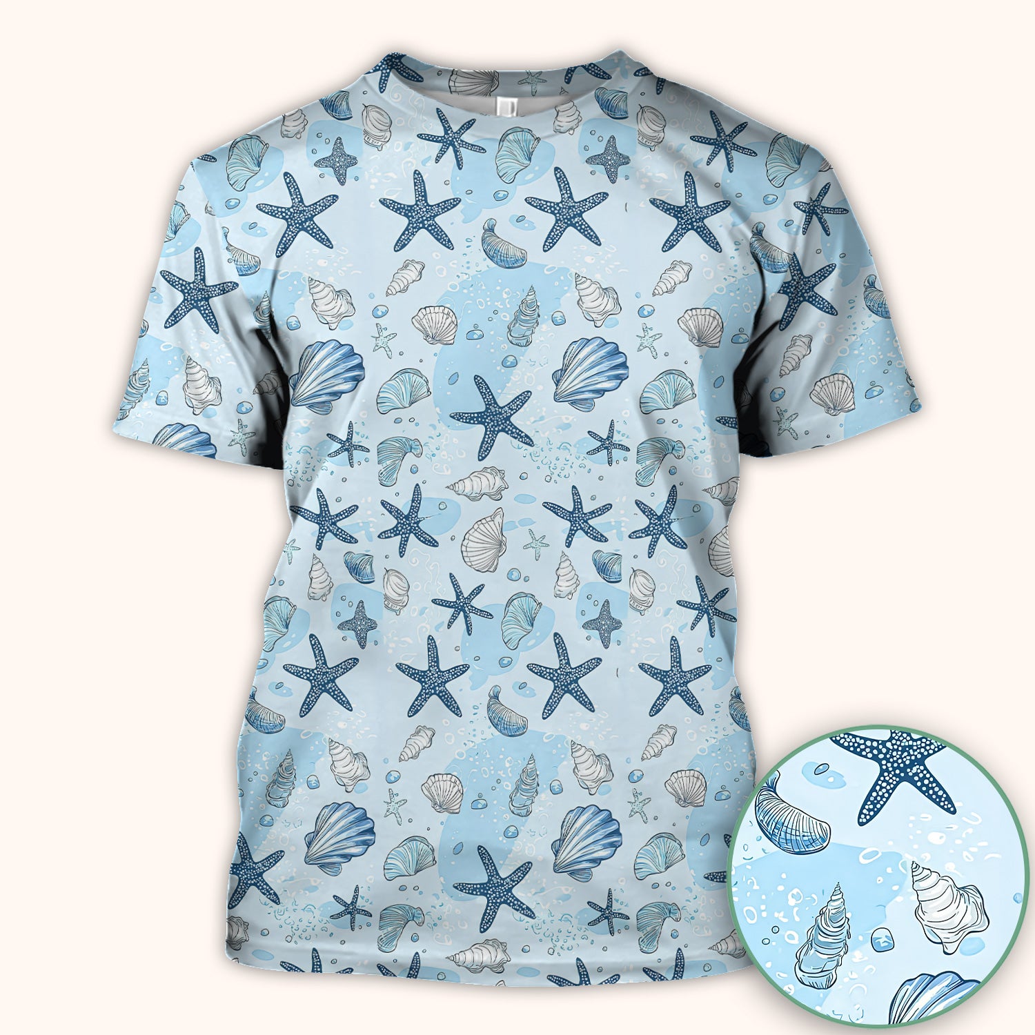 Ocean Shell And Starfish Print Scrub Top, Breathable Fabrics Nursing Uniform