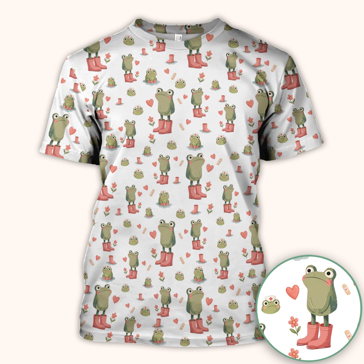 Adorable Frog Boots Heart Pattern Scrub Top, Comfortable Scrubs for Nurses