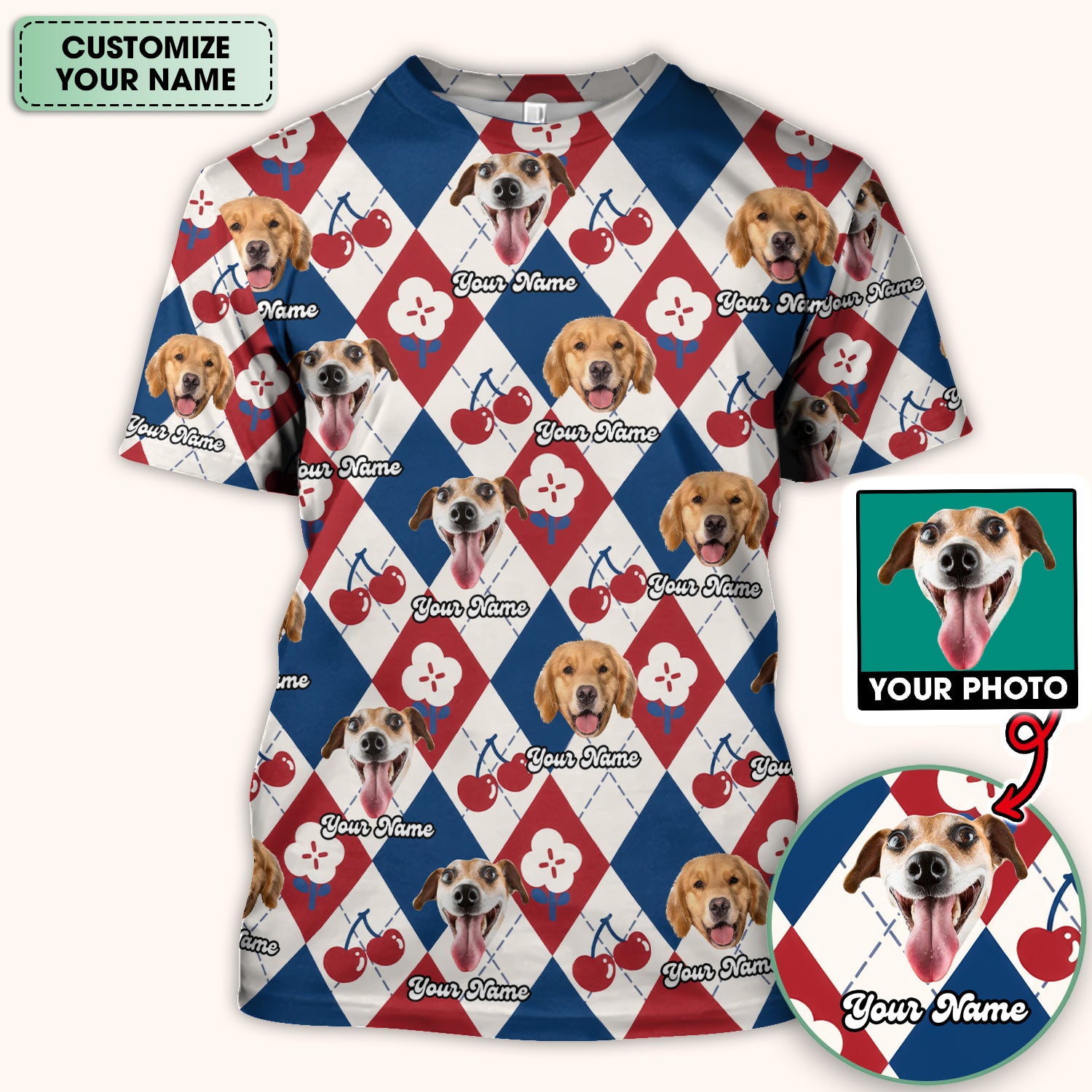 Custom Dog Face Scrub Top, Playful Dog Cherry Argyle Pattern Shirt, Comfortable Scrubs for Nurses