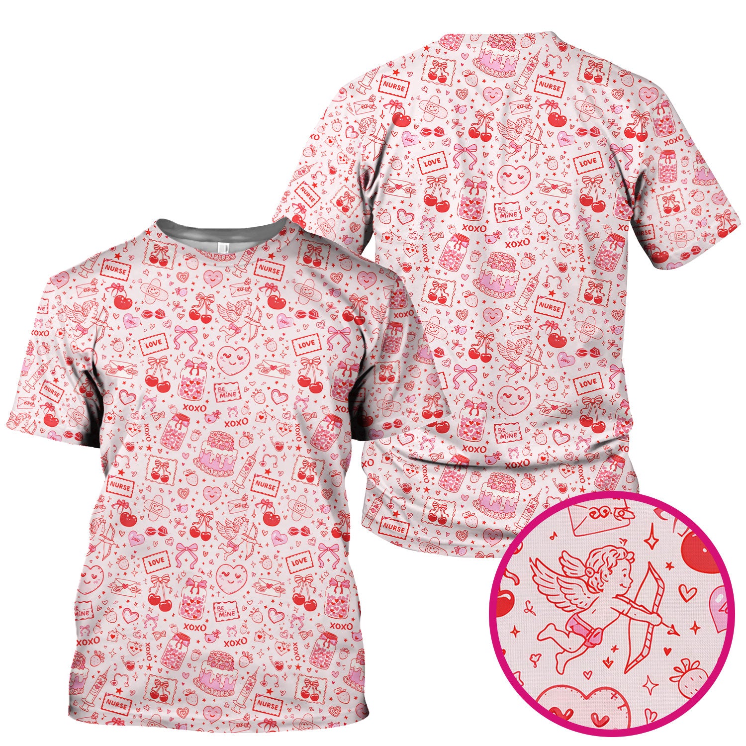 Valentine Pink XOXO Pattern Nurse Scrub Top, Comfortable Uniform Scrubs For Nursing